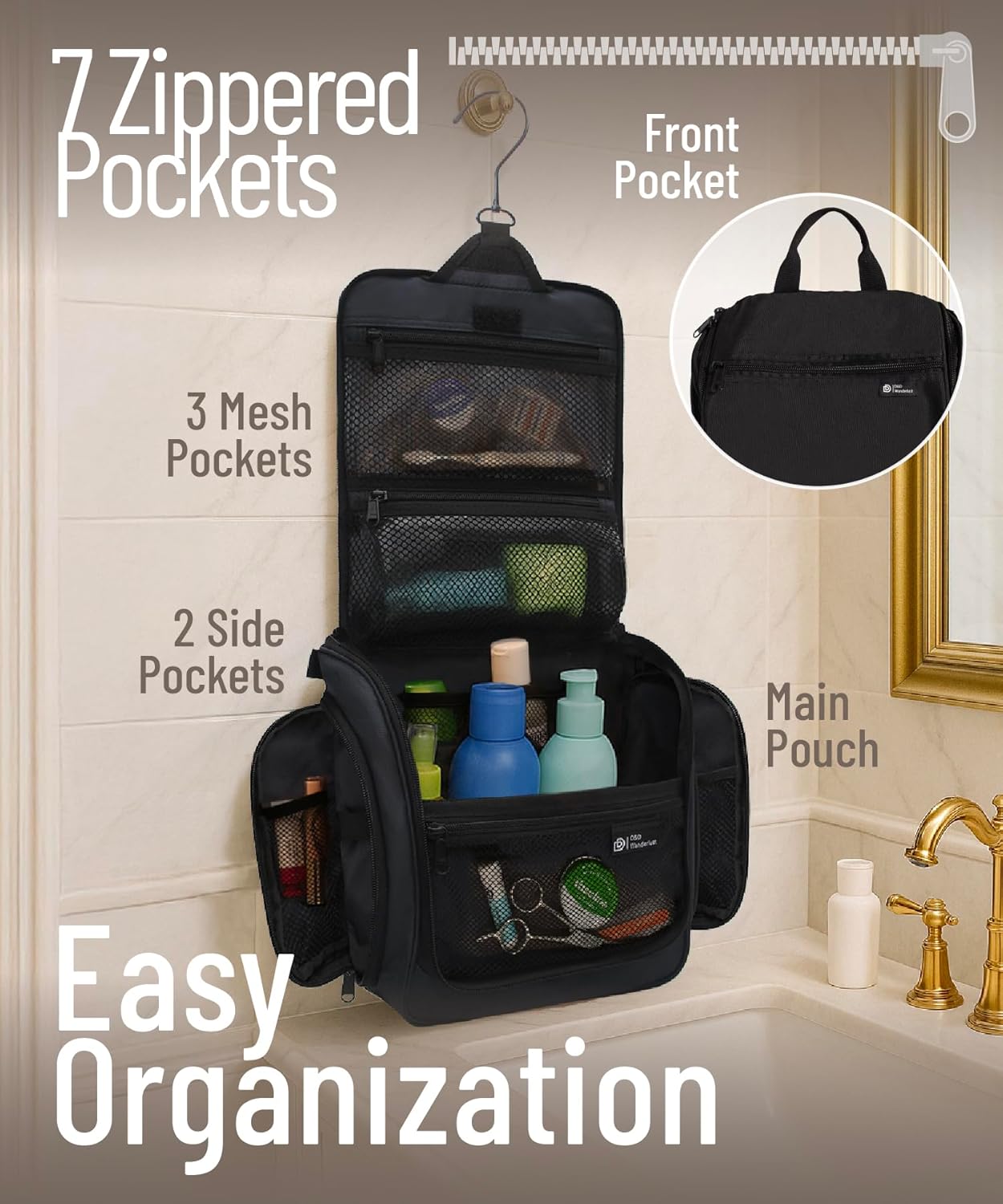 Detalle 2 de D&D Hanging Travel Toiletry Bag with 10 compartments, YKK zippers and XXL metal swivel hook (Large)