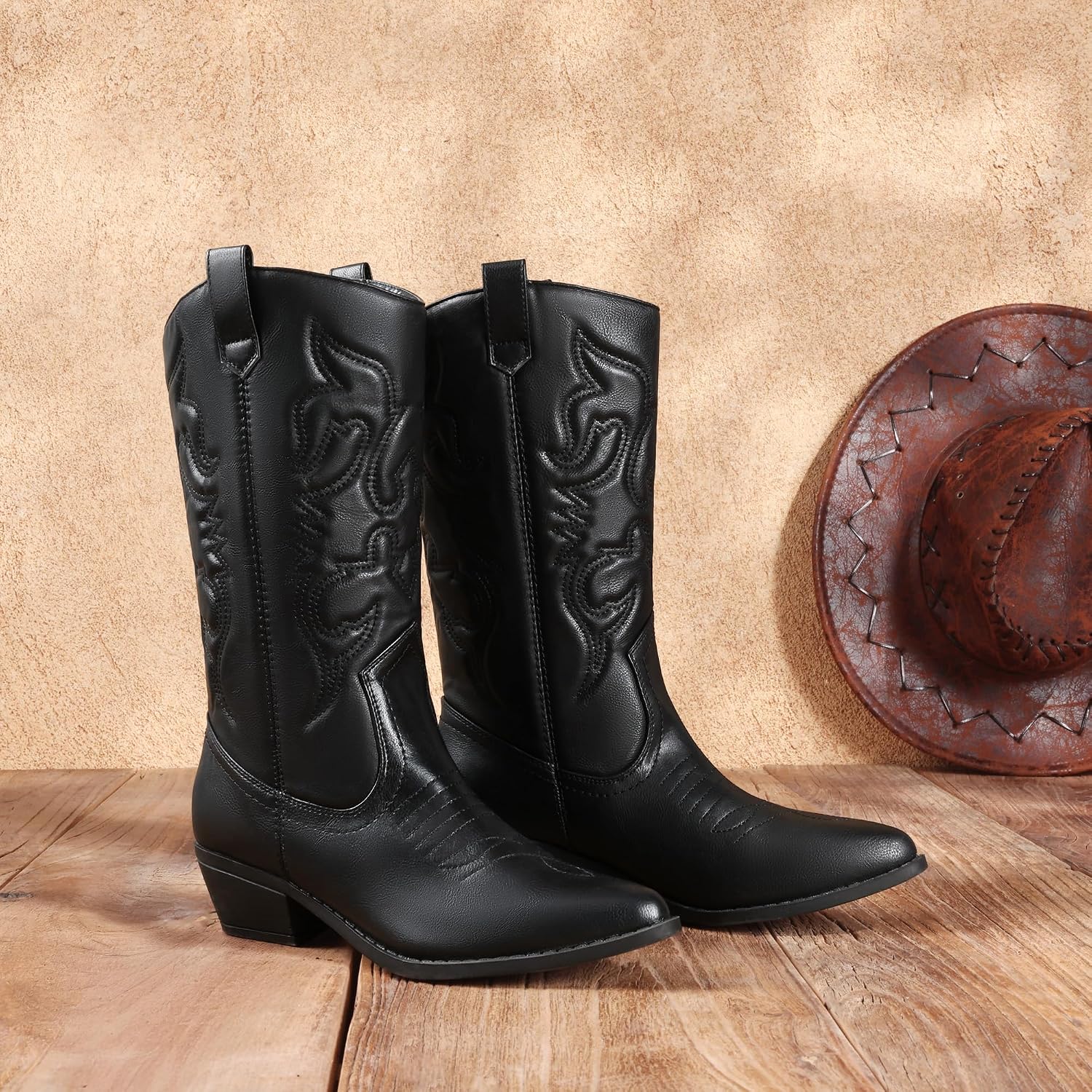 Detalle 2 de DREAM PAIRS Women's Mid-Calf Western Boots with Pointed Toe and 1.77-Inch Heel