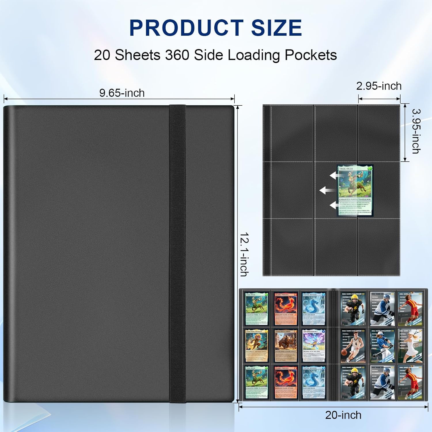 Thumbnail 1 de 9 Pockets Trading Card Binder Storage – 360 Pocket Album with Elastic Strap (Black)