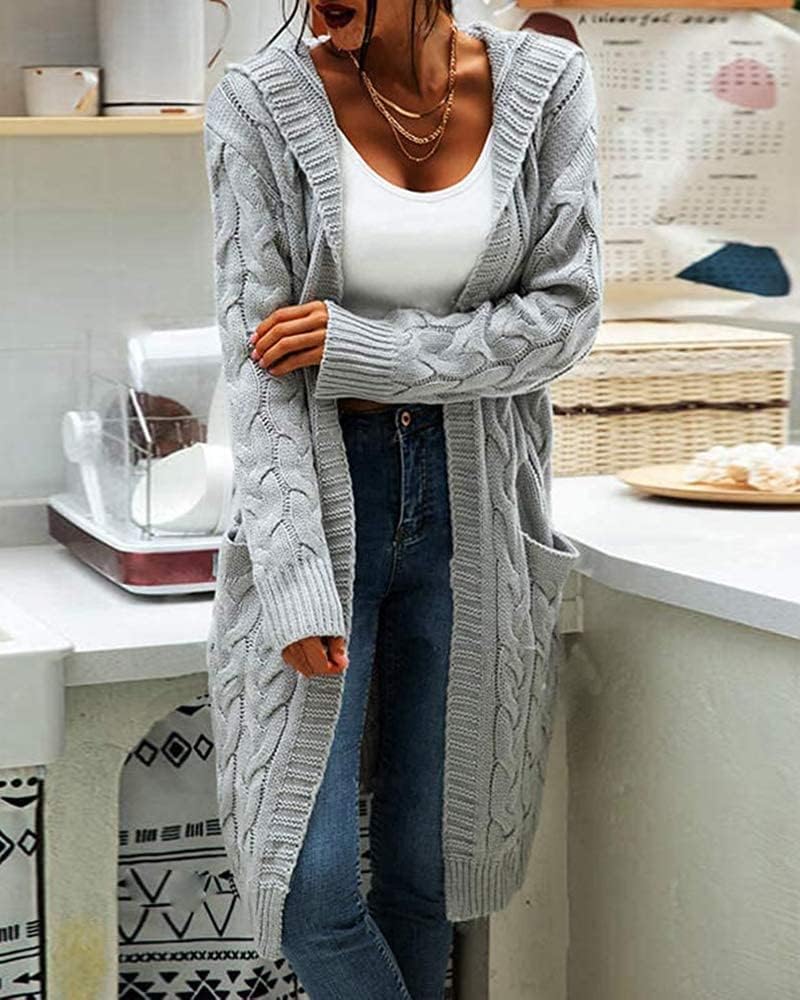 Detalle de GeGekoko Damen-Strickjacke mit Kapuze und Taschen (Langarm, Grobstrick-Cardigan, offen) für Herbst & Winter