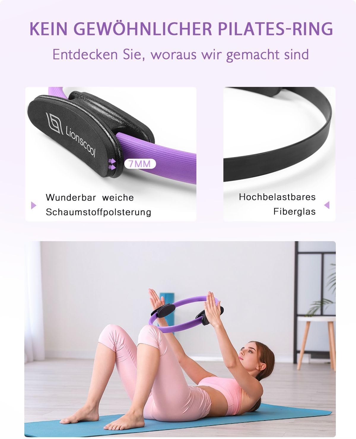Detalle de LIONSCOOL Pilates-Ring-Set 14“/35 cm – Magic Circle mit Doppelgriffen, Miniball, Widerstandsbändern und Transporttasche