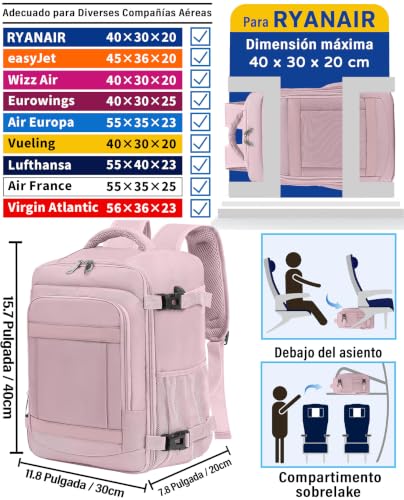 Detalle de KLOSTAIN Mochila de cabina 40x30x20 cm, 24 L, rosa claro