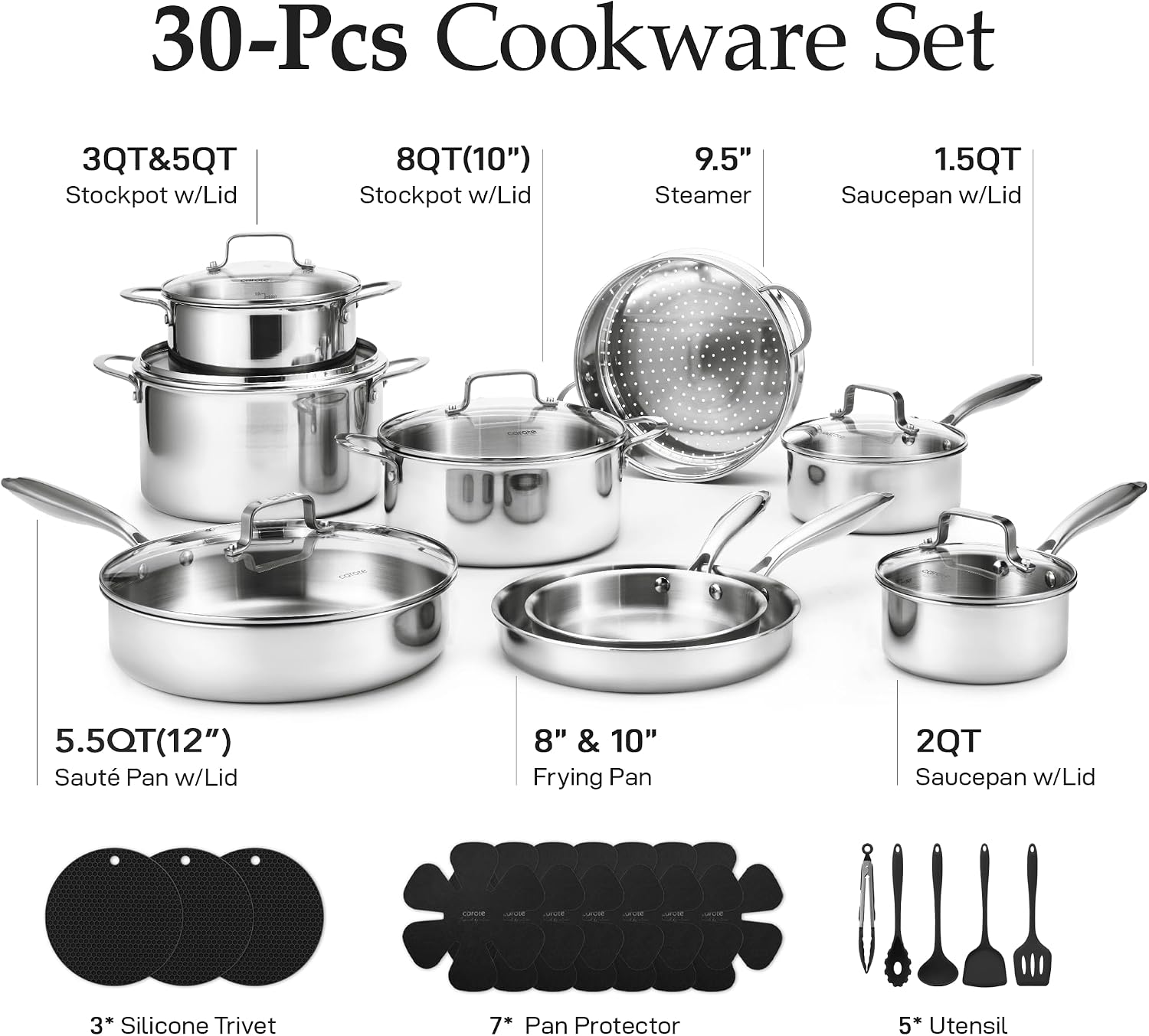 Detalle 2 de CAROTE 23PCS Tri‑Ply Stainless Steel Cookware Set