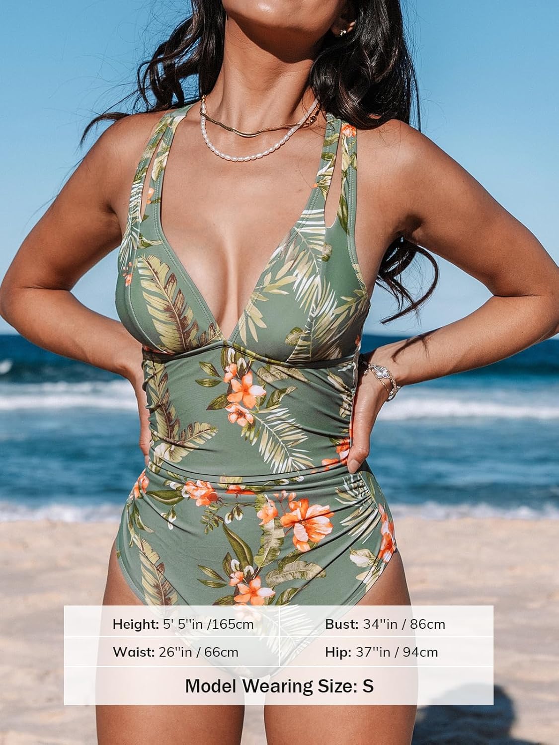Thumbnail 4 de CUPSHE Damen Badeanzug mit V-Ausschnitt, Bauchweg-Effekt und Raffungen – eleganter Einteiler für Strand & Pool