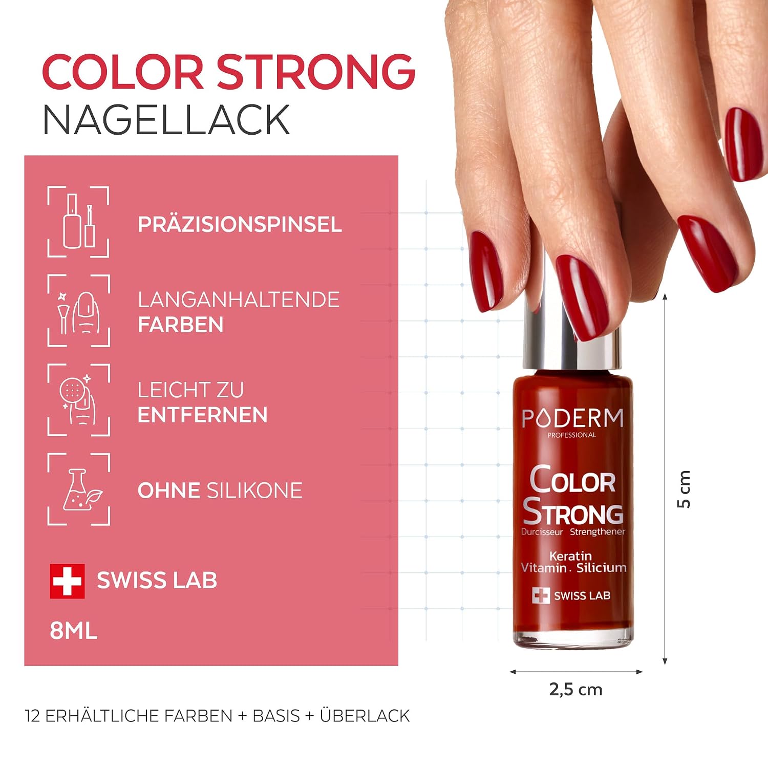 Detalle de PODERM Nagelhärter Lack Allurarot – Stärkt und repariert brüchige Nägel, entwickelt von einem Podologen (Schweiz)