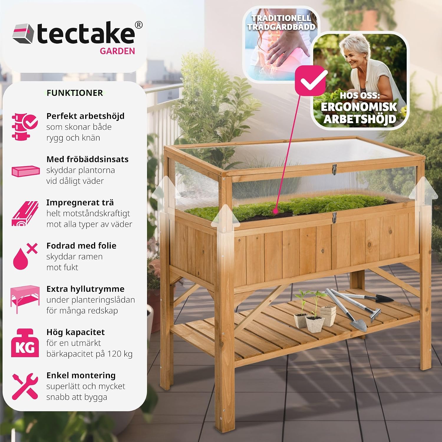 Detalle 2 de tectake 403251-SE planteringslåda i barrträ med skyddsfolie och förvaringshylla