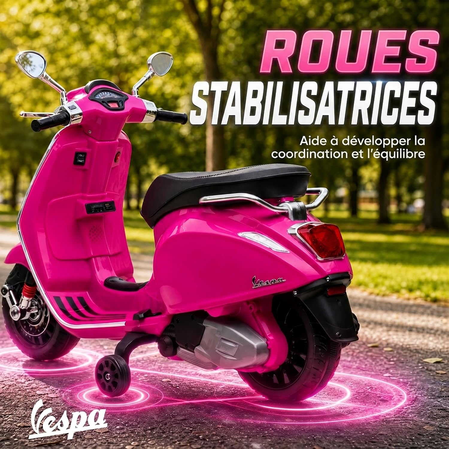 Detalle 1 de AIYAPLAY 370-320V90DG Vespa-kinderstep, 6 V, roze, met FM-radio en USB