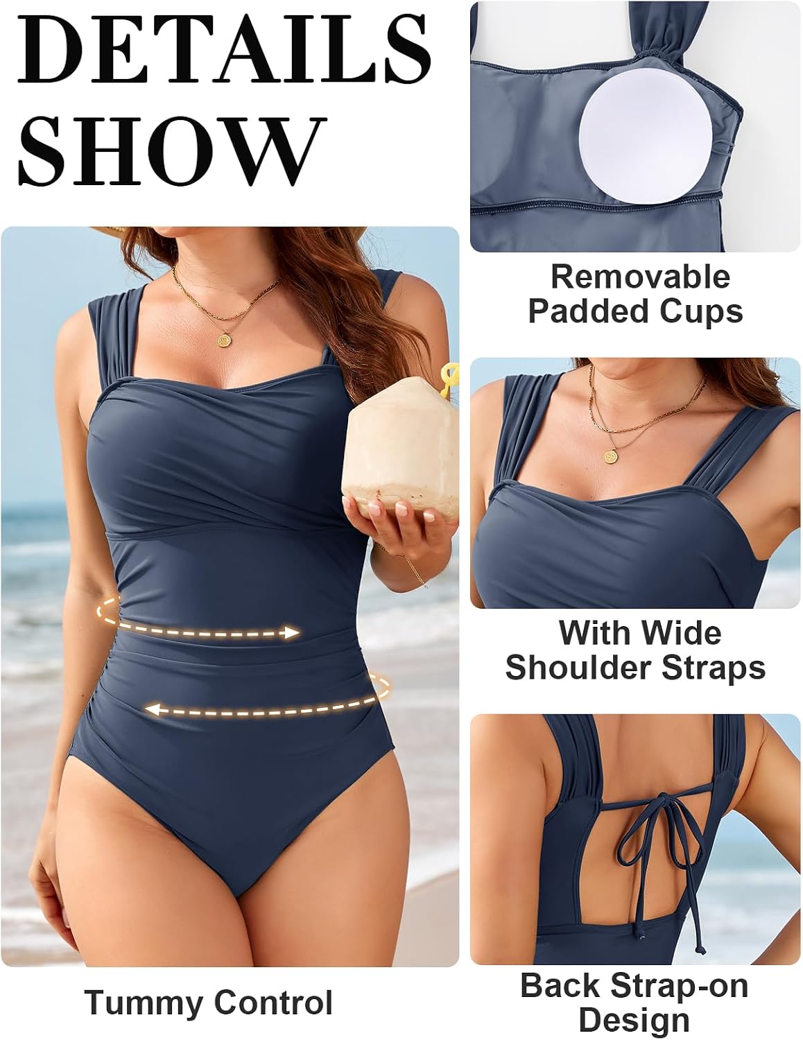 Thumbnail 4 de UMIPUBO Costume da bagno intero donna con coppe, pieghe e tiranti larghi regolabili (curvy)