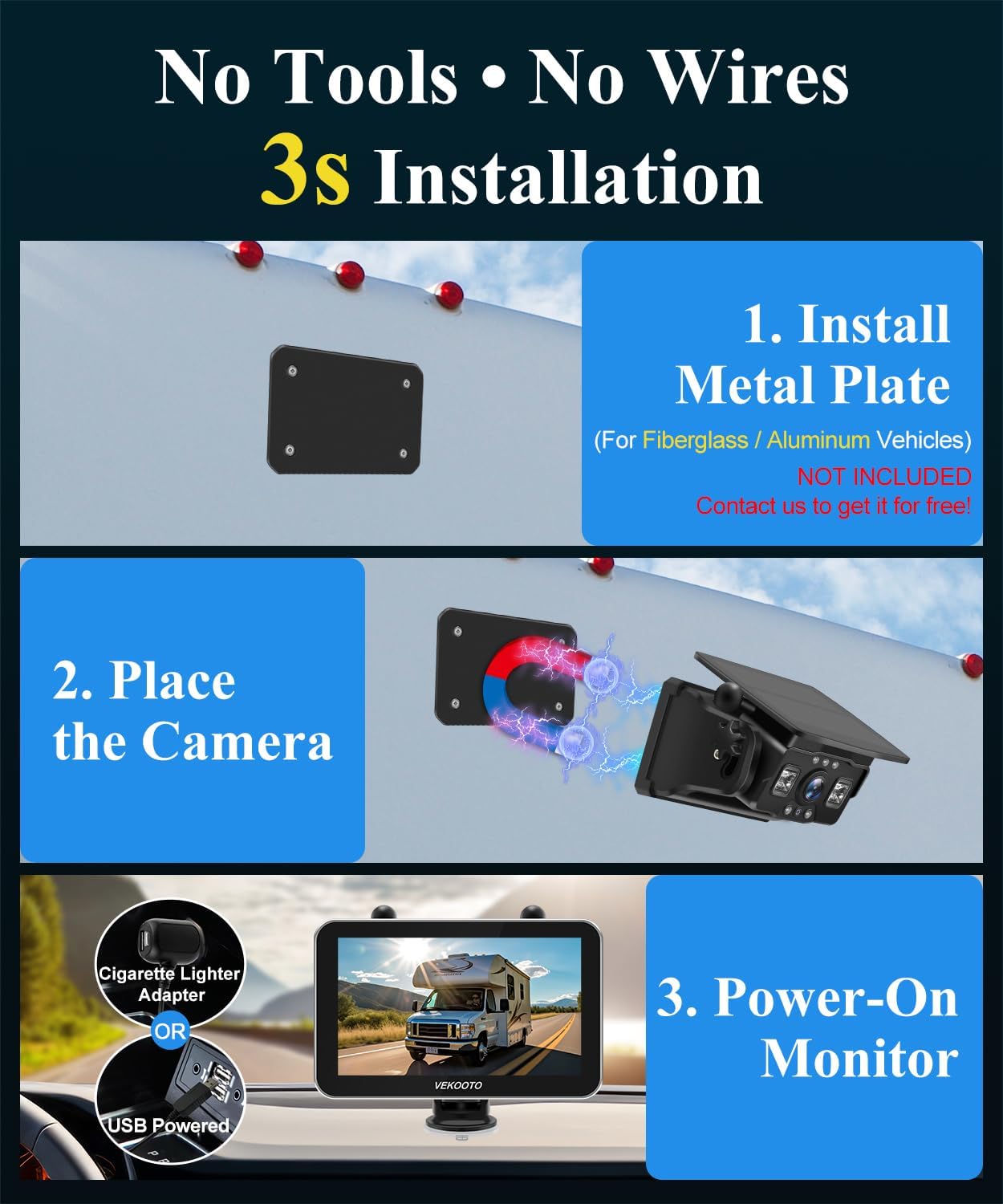 Detalle 2 de VEKOOTO VK7Pro Magnetic Solar Wireless Backup Camera System with 7" IPS Monitor