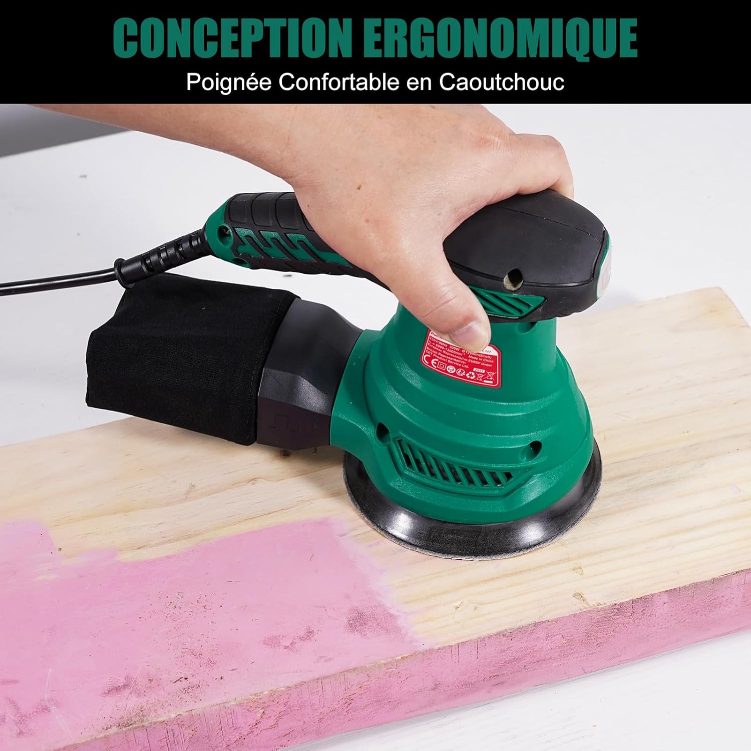 Detalle 2 de HYCHIKA Ponceuse Excentrique – 6 vitesses, collecte de poussière et 12 disques inclus
