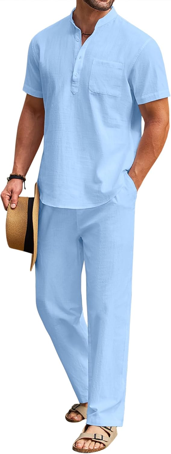 Detalle 1 de COOFANDY 2-Piece Cotton Linen Henley Set
