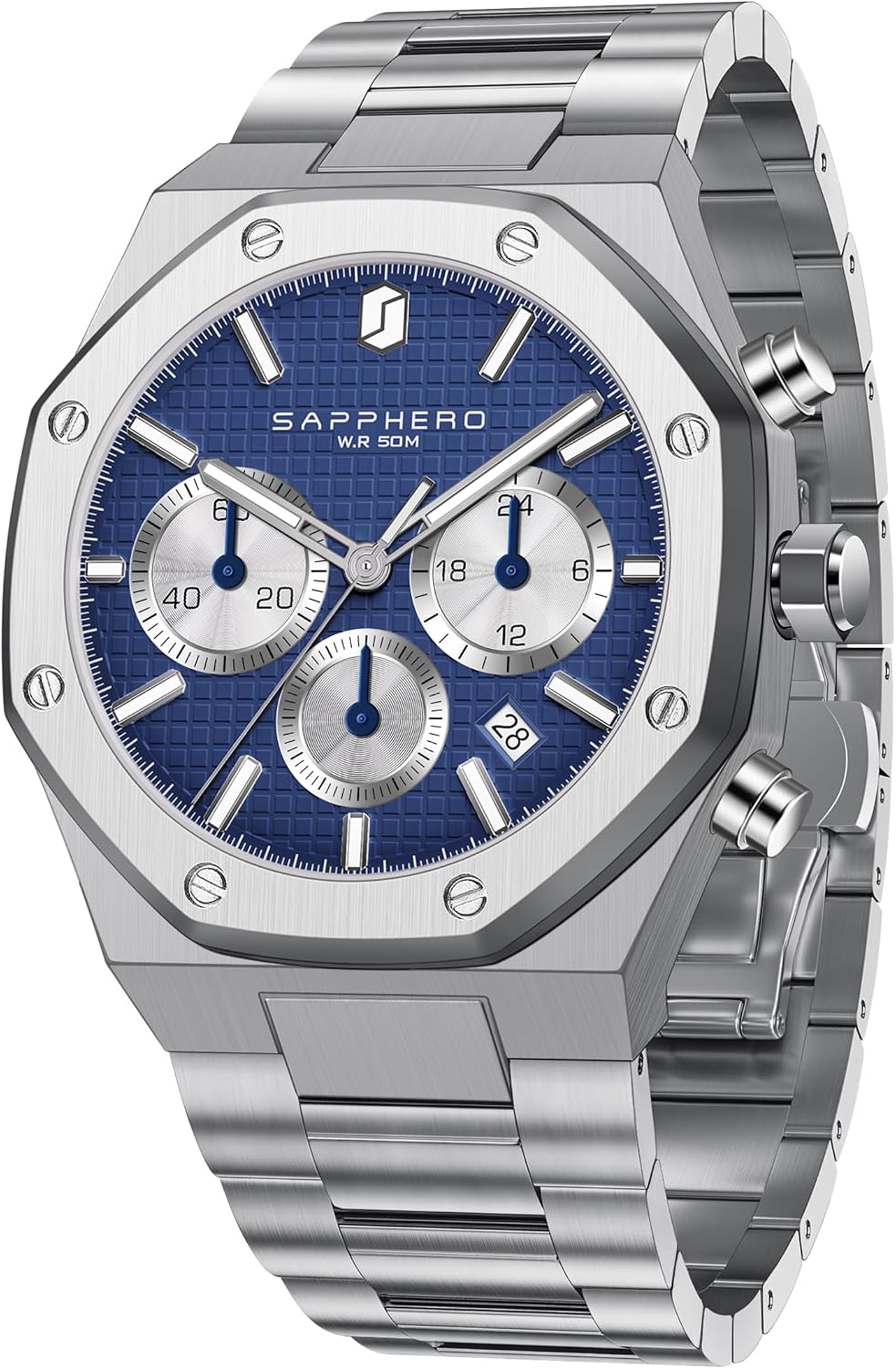 Detalle de SAPPHERO Luxus Herren Uhr 50M Wasserdicht Edelstahl