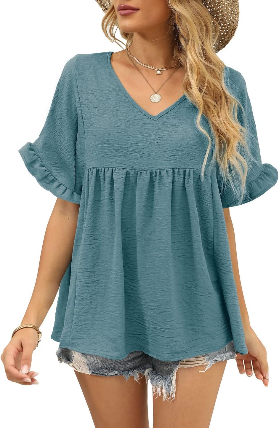Detalle 2 de WIHOLL Women’s Casual V-Neck Ruffle Sleeve Babydoll Peplum Top (100% Polyester)
