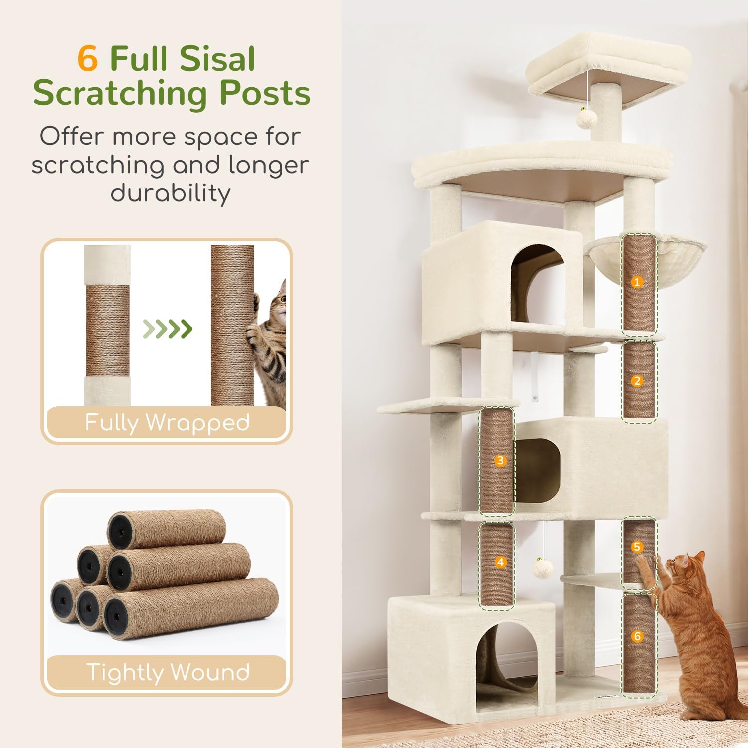 Detalle de Globlazer Tiragraffi per Gatti Beige XXL da 203 cm con 3 grandi grotte, piattaforma extra large e sisal pieno