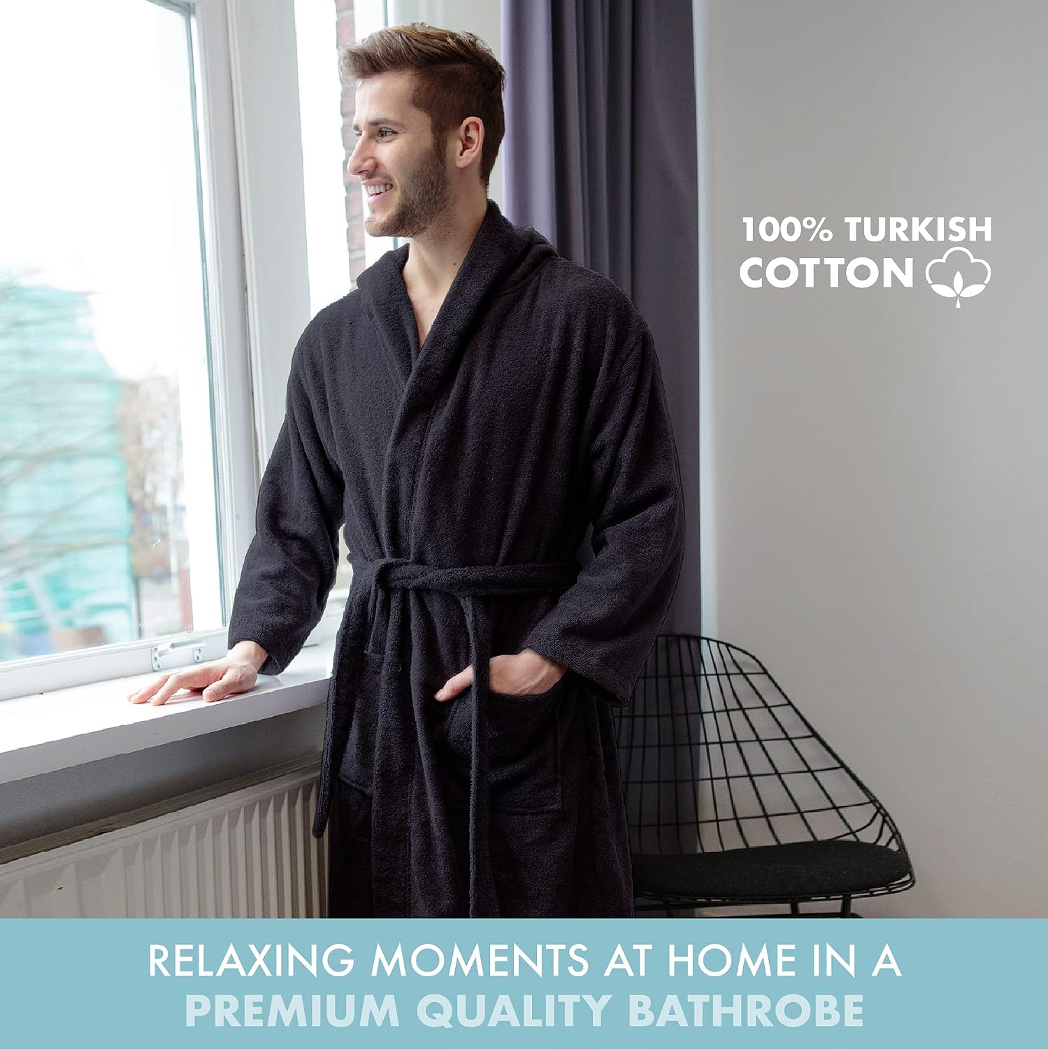 Thumbnail 1 de Twinzen Herren-Bademantel aus 100% Baumwolle (350 g/m²), mit Kapuze, 2 Taschen und Gürtel