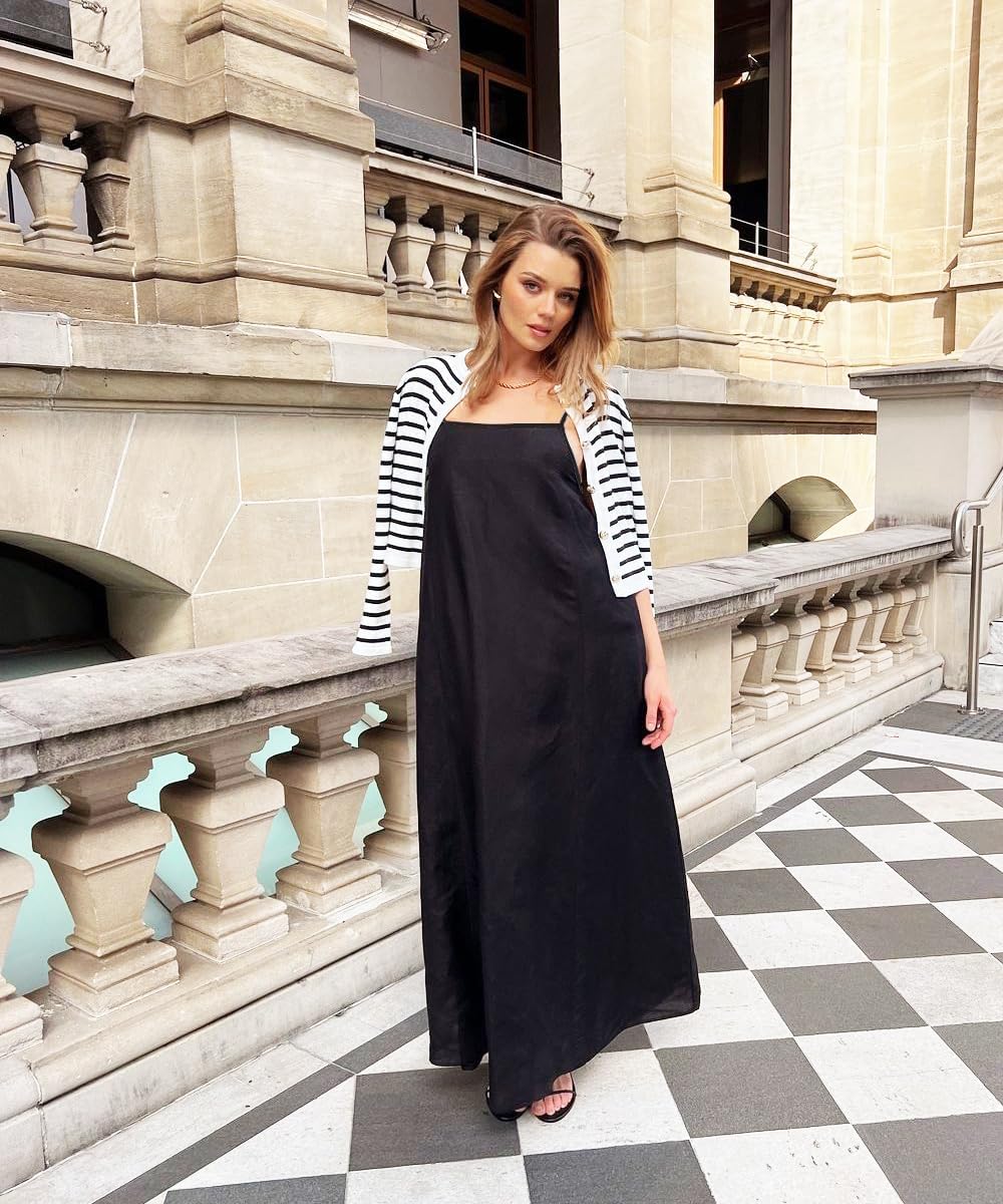 Detalle de Shy Velvet 2026 Summer Linen Maxi Dress with Contrast Spaghetti Straps