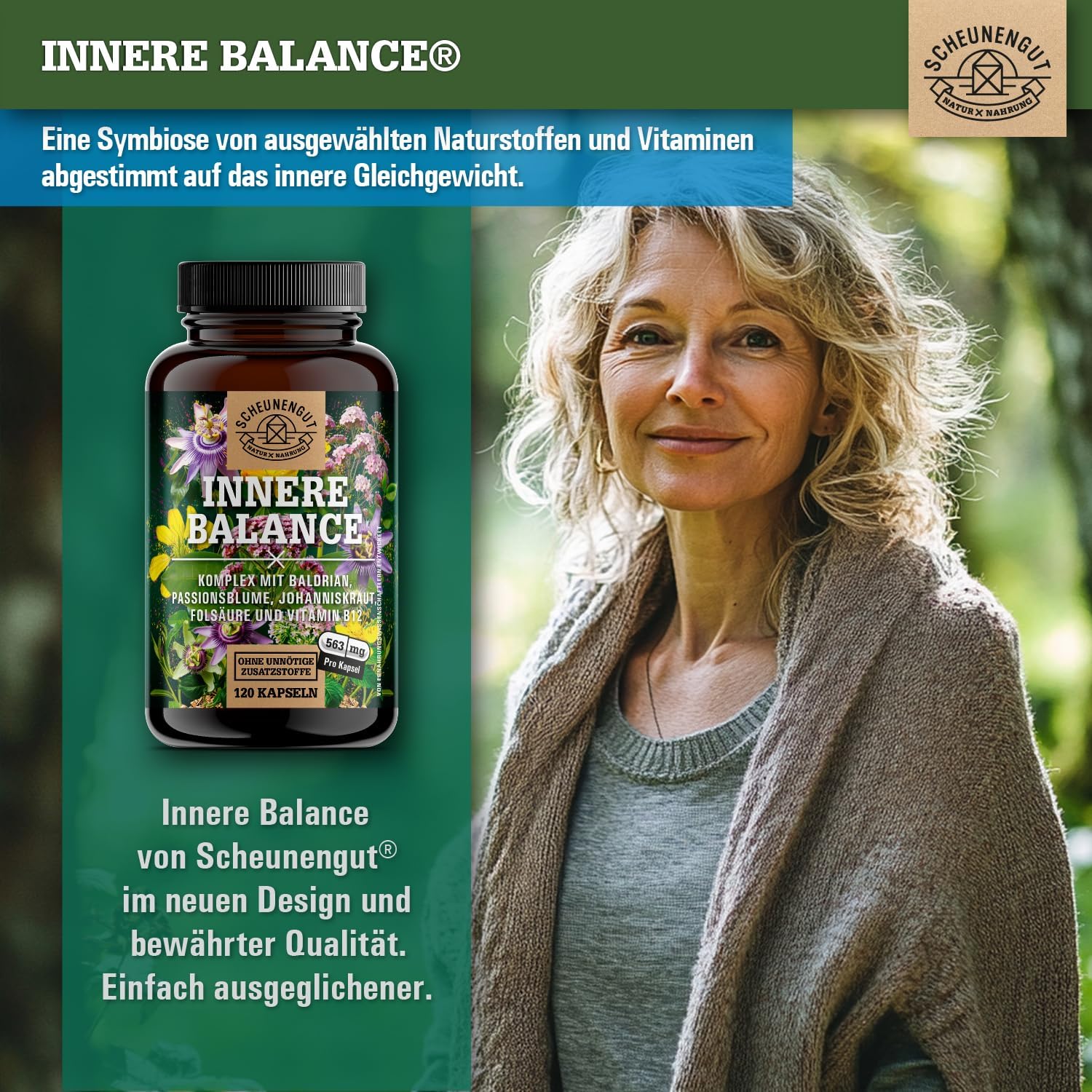 Thumbnail 3 de INNERE BALANCE® Passionsblume Johanniskraut Baldrian Hochdosiert – Laborgeprüfter Markenkomplex mit Hypericin, Hyperforin, Folsäure & Vitamin B12 (120 Kapseln)