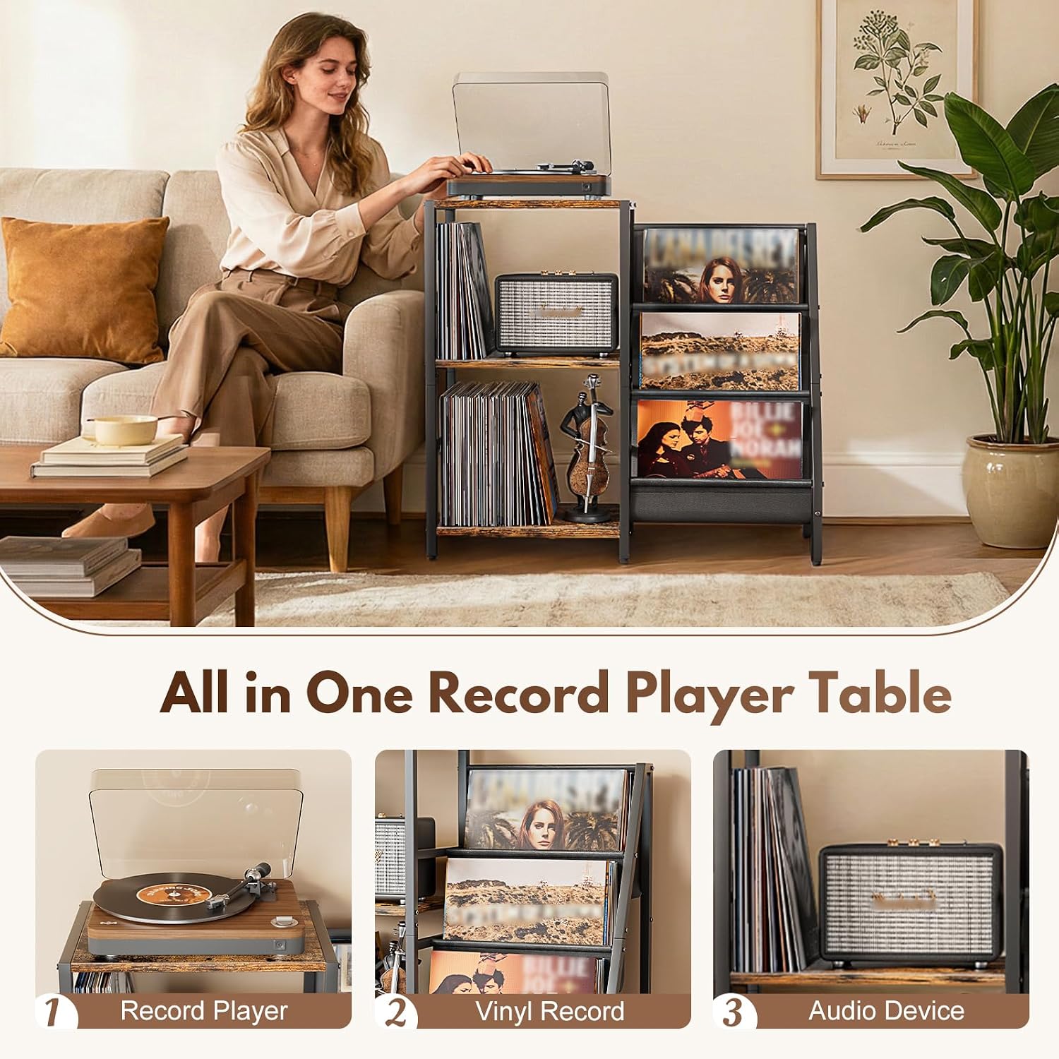 Detalle de Bikoney End table-110401 platenspelermeubel met 3 niveaus voor vinyl