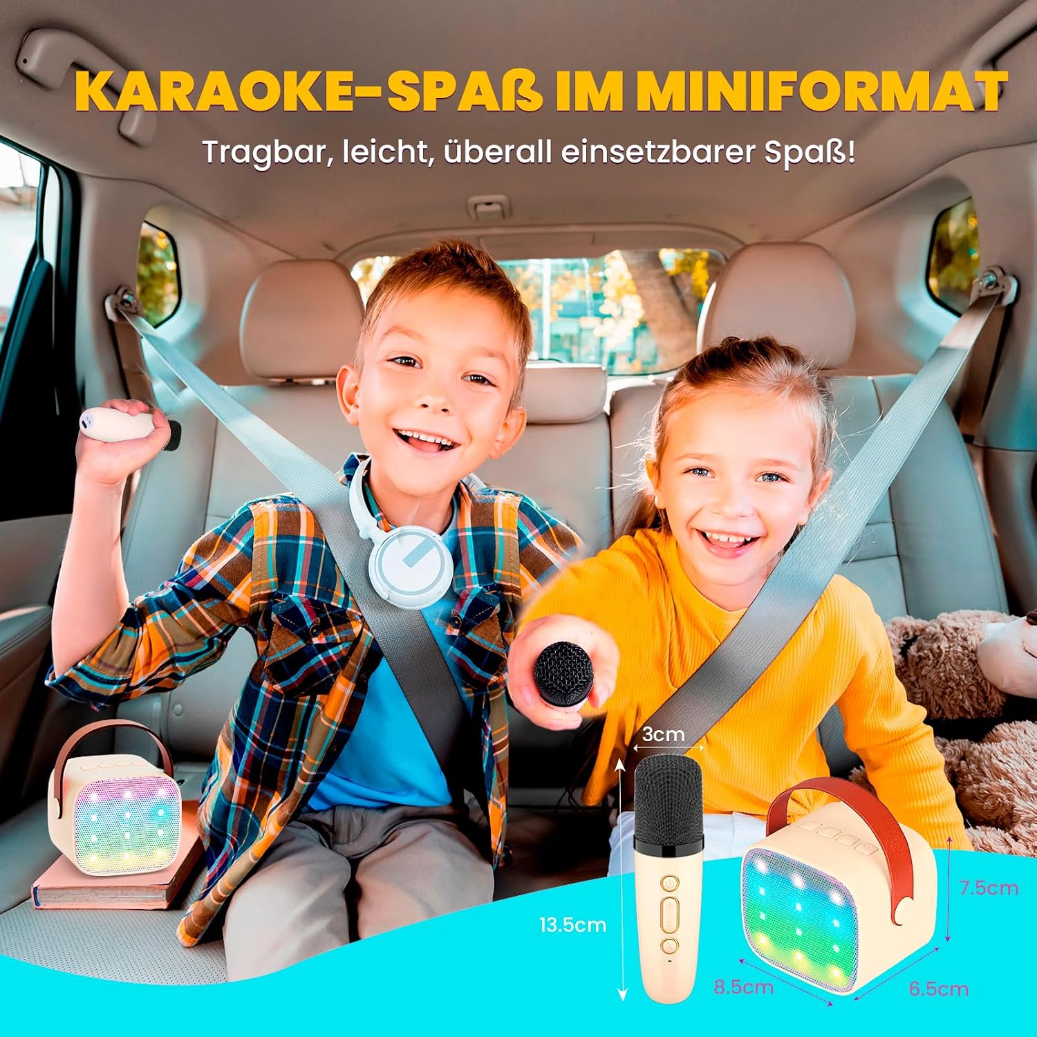 Detalle 2 de Wowstar tragbare Karaoke-Maschine mit 2 kabellosen Mikrofonen (Bluetooth, beige) – für Kinder & Erwachsene