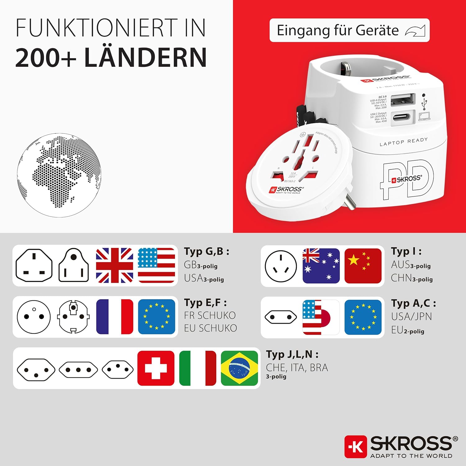 Thumbnail 2 de SKROSS PRO Light USB universeller Reiseadapter mit USB-A & USB-C für USA, UK, Australien und Europa