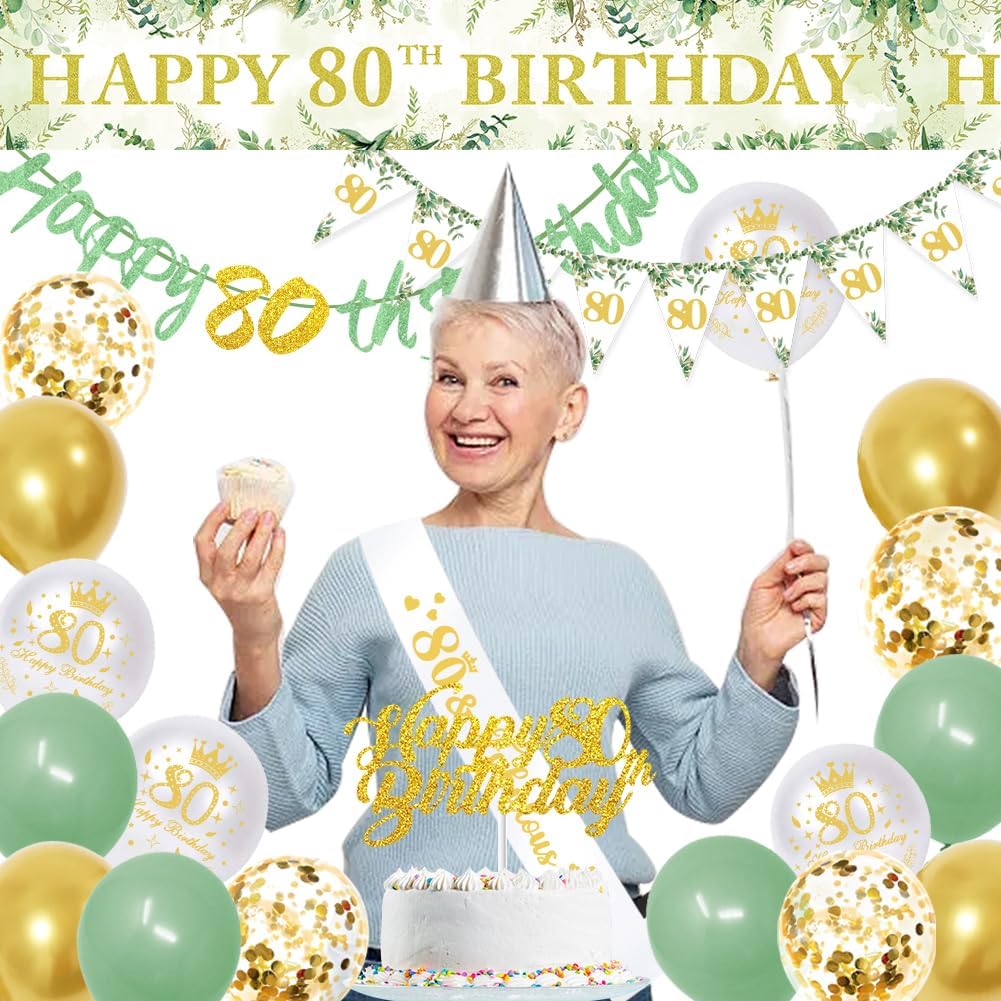 Thumbnail 3 de Sage Green 80th Birthday Party Decorations Set | Happy 80th Banner & Matching Accents