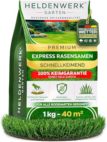 Detalle de HELDENWERK Rasensamen schnellkeimend Sommer 1kg / 40m² – robustes Duo-Keim-Mix für Neuanlage, Nachsaat und Reparatur