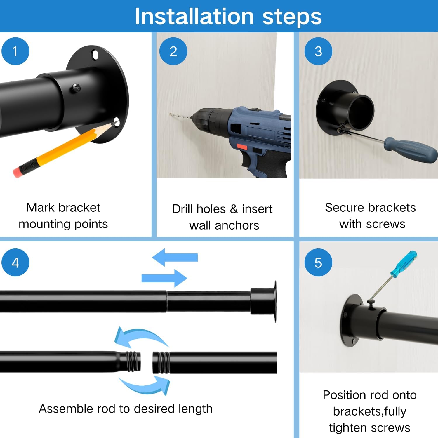 Thumbnail 4 de Wardrobe Rails and Fittings: Extendable Clothes Rail with 32mm Diameter, 68–90cm Length, Black