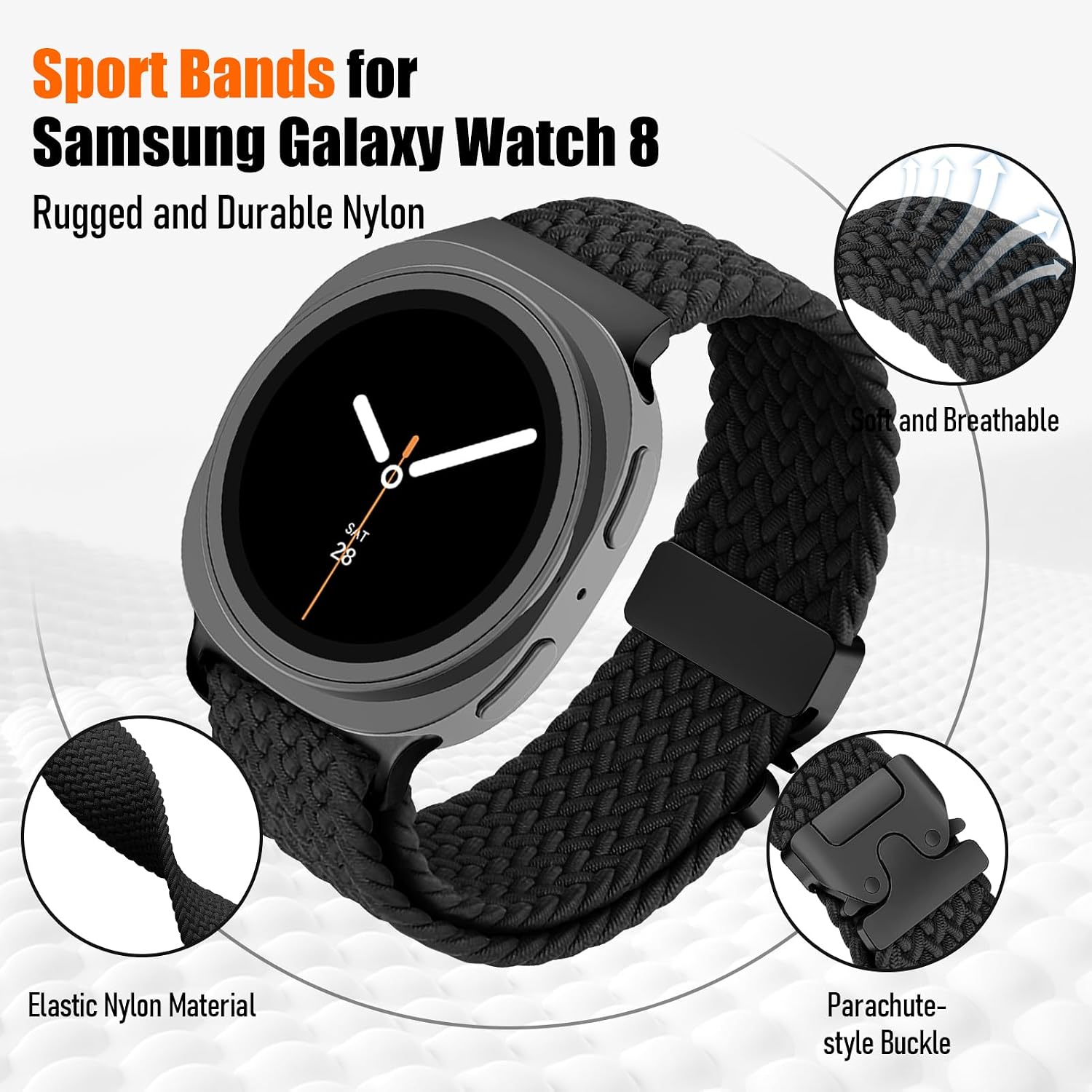 Detalle de SOLOLUP 3 Pack Braided Nylon Straps for Samsung Galaxy Watch 8/8 Classic (40mm/44mm/46mm) – One-Click, No Gap Parachute Buckle