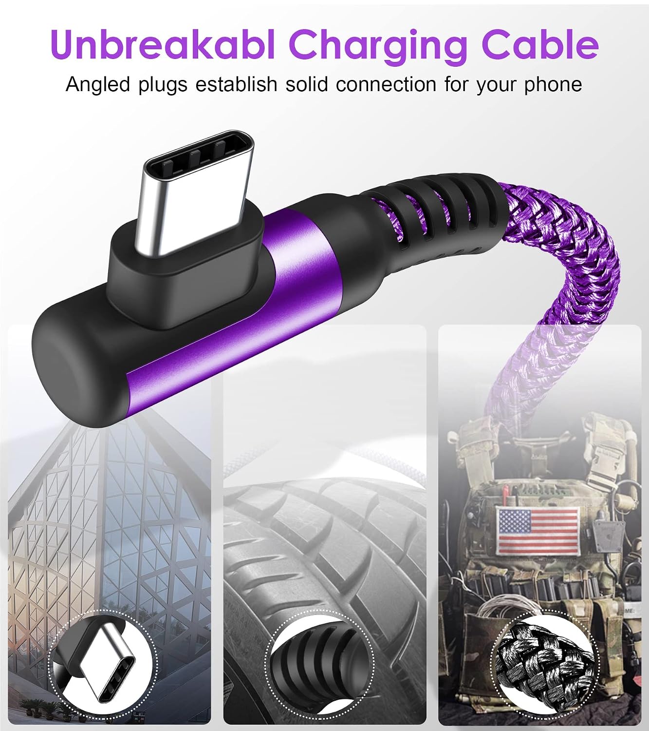 Detalle de AviBrex USB-C Kabel 3.1A, 2er-Set, 3 m, 90° Winkel, Nylon
