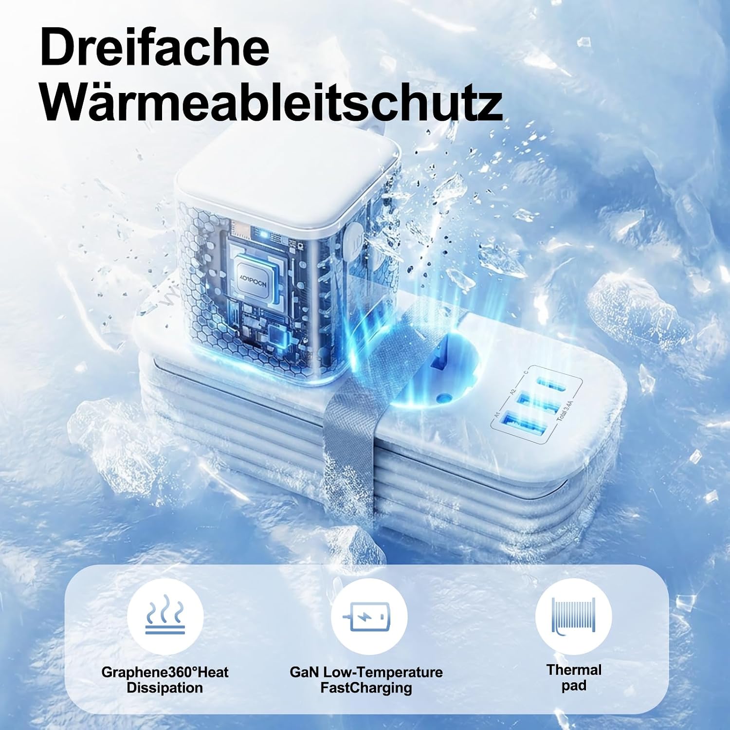 Detalle de VYLEE Reiseadapter Weltweit – All-in-One Reisestecker mit 2‑fach Steckdose, 2 USB‑A & 1 USB‑C, 1,5 m Kabel