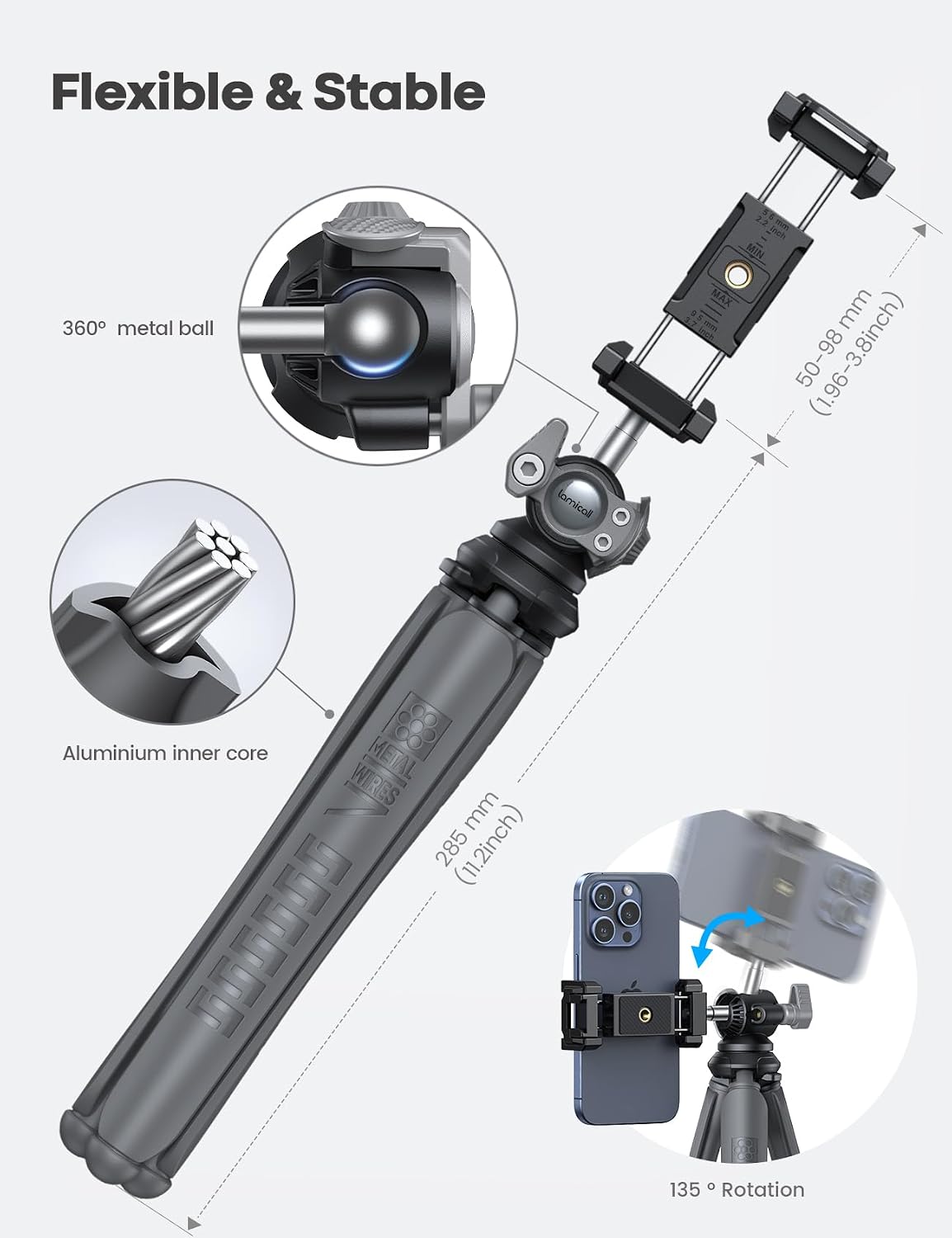Detalle de Lamicall mobile phone tripod with flexible legs and 360° rotation (grey)
