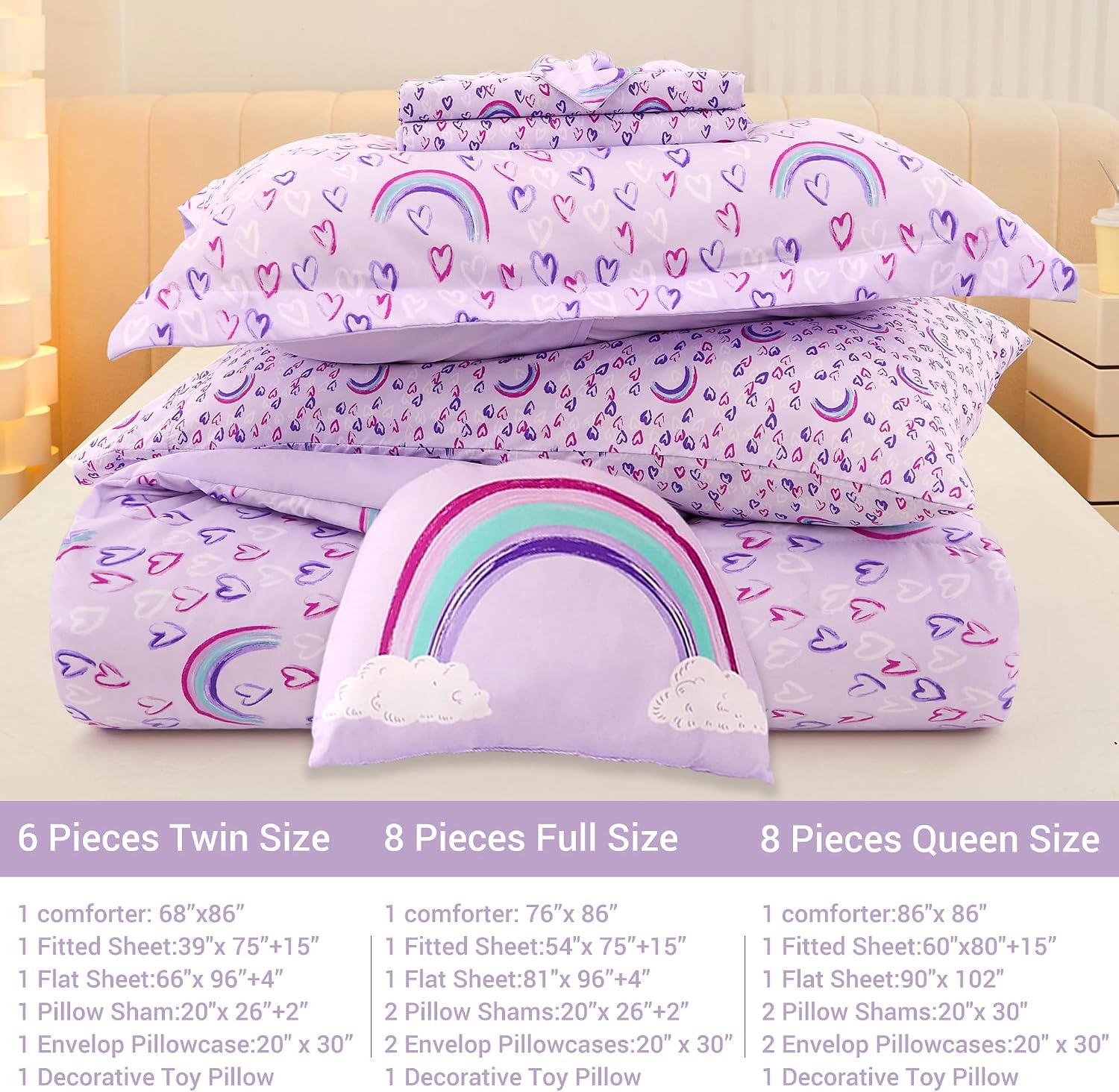 Thumbnail 6 de Mooreeke Full Size 8-Piece Kids’ Comforter Set, Purple Rainbow Microfiber