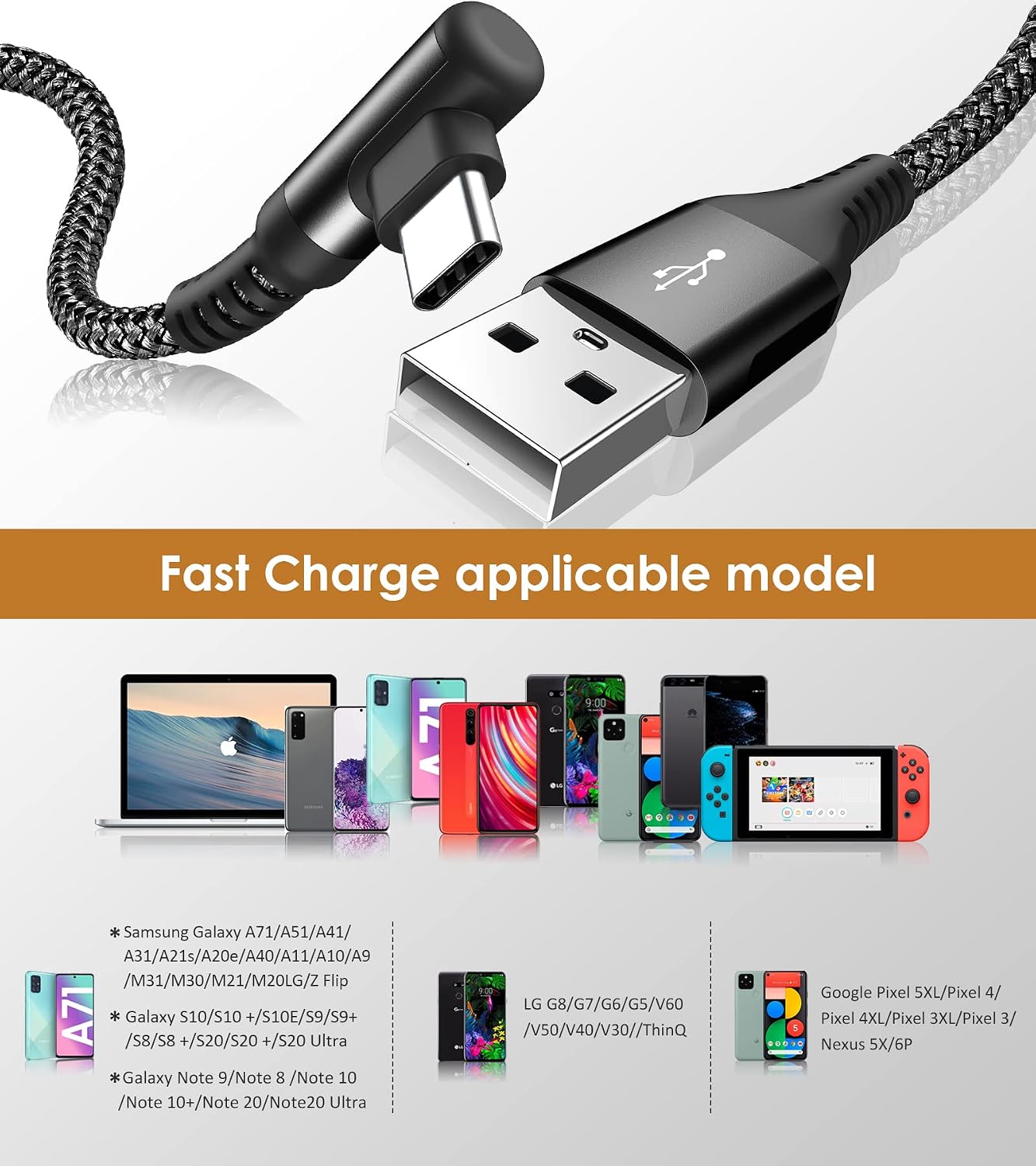 Thumbnail 4 de AviBrex AviBrex-USBC-C90-3M-M2M-BK USB-C Cable, 3m, 90° Plug, 2-Pack