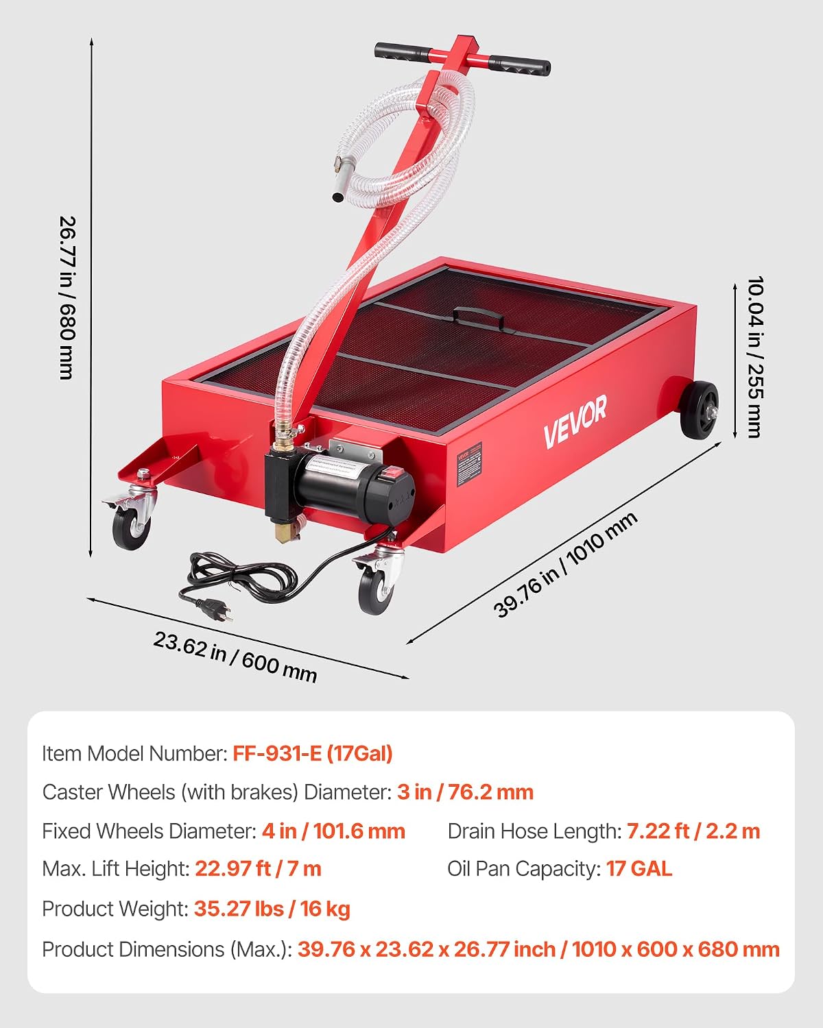 Thumbnail 6 de VEVOR Low Profile 17 Gal Rolling Oil Drain Pan with 110V High-Flow Pump