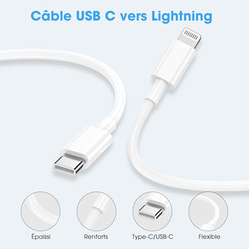 Detalle de BSTOEM Câble iPhone USB-C vers Lightning 1 m + 2 m – Certifié MFi