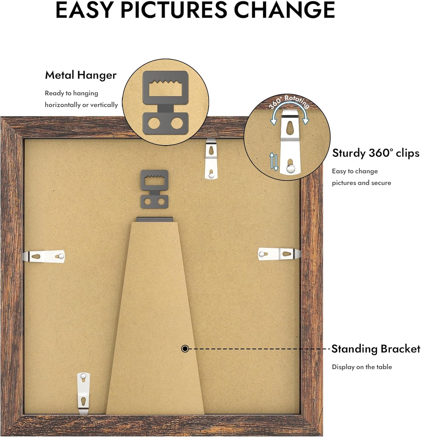 Detalle de Hongkee 8x8 Picture Frame with Glass – Rustic Wood, 6x6 with Mat / 8x8 without Mat, Wall & Tabletop Display