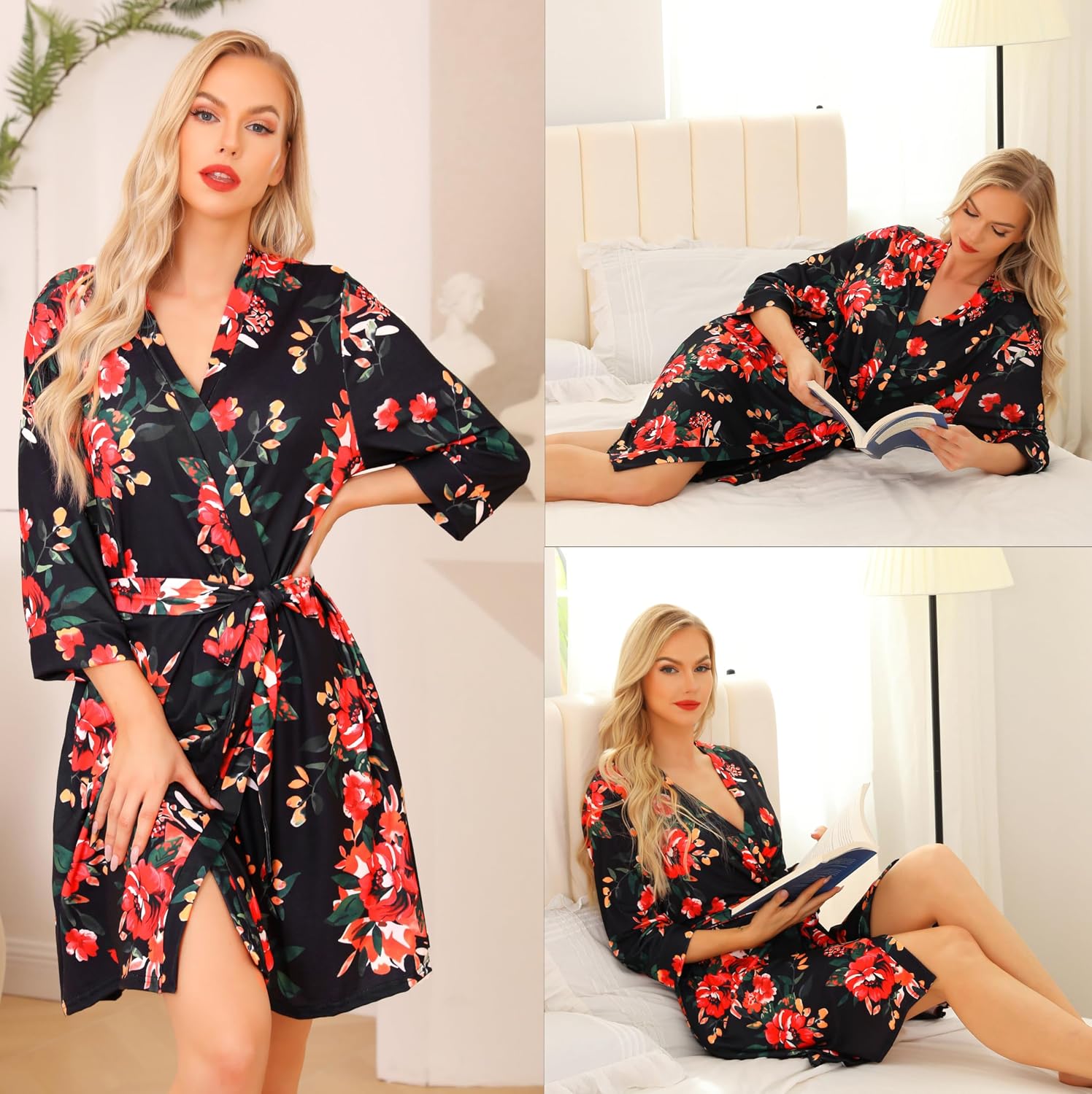 Thumbnail 6 de Lovasy Peignoir Court Femme Imprimé – Robe de Chambre Douce et Léger Longueur Jambes