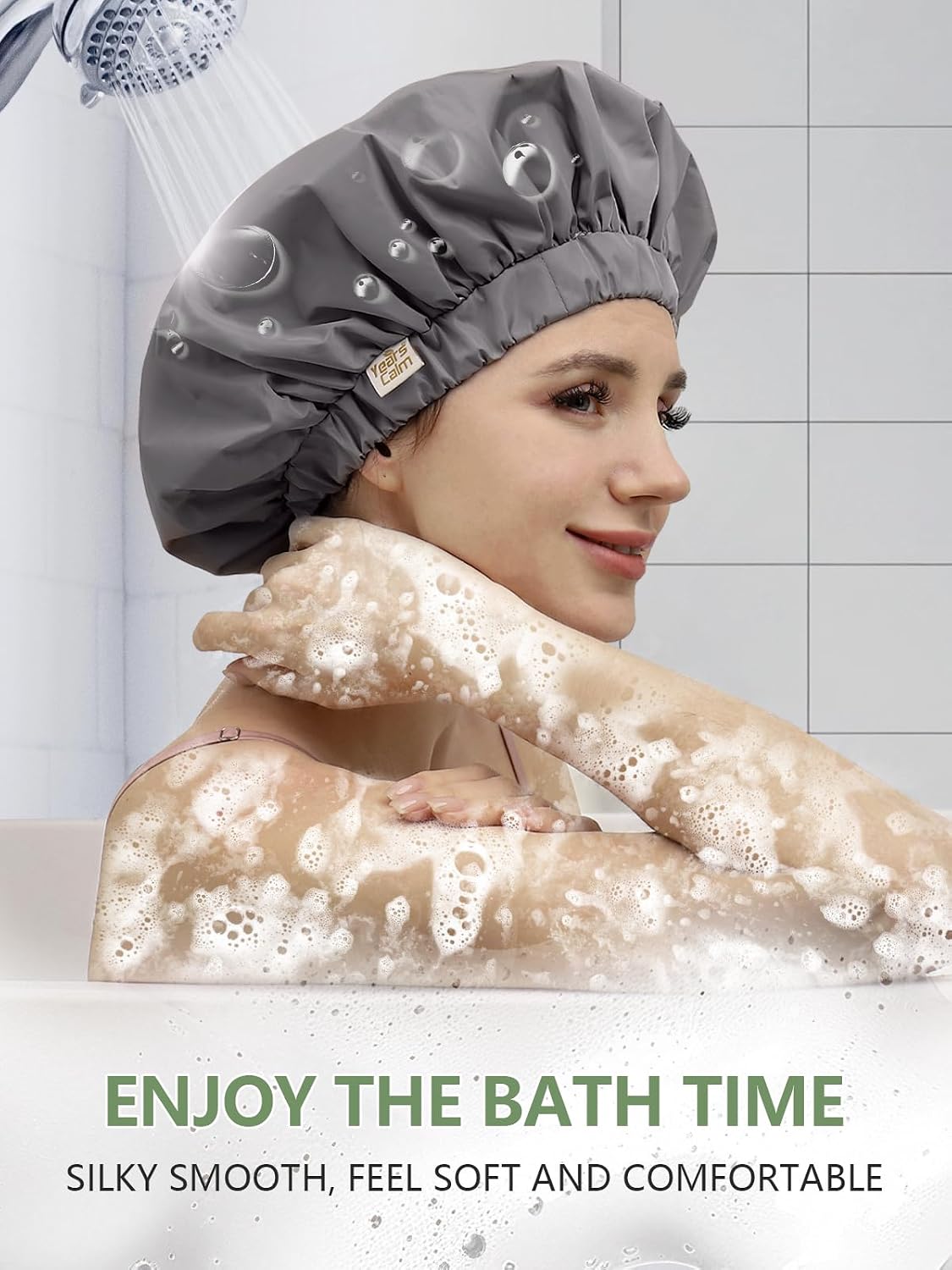 Detalle de Years calm YC-JYM Reusable Shower Cap, Grey, Double-Layer Satin Lining