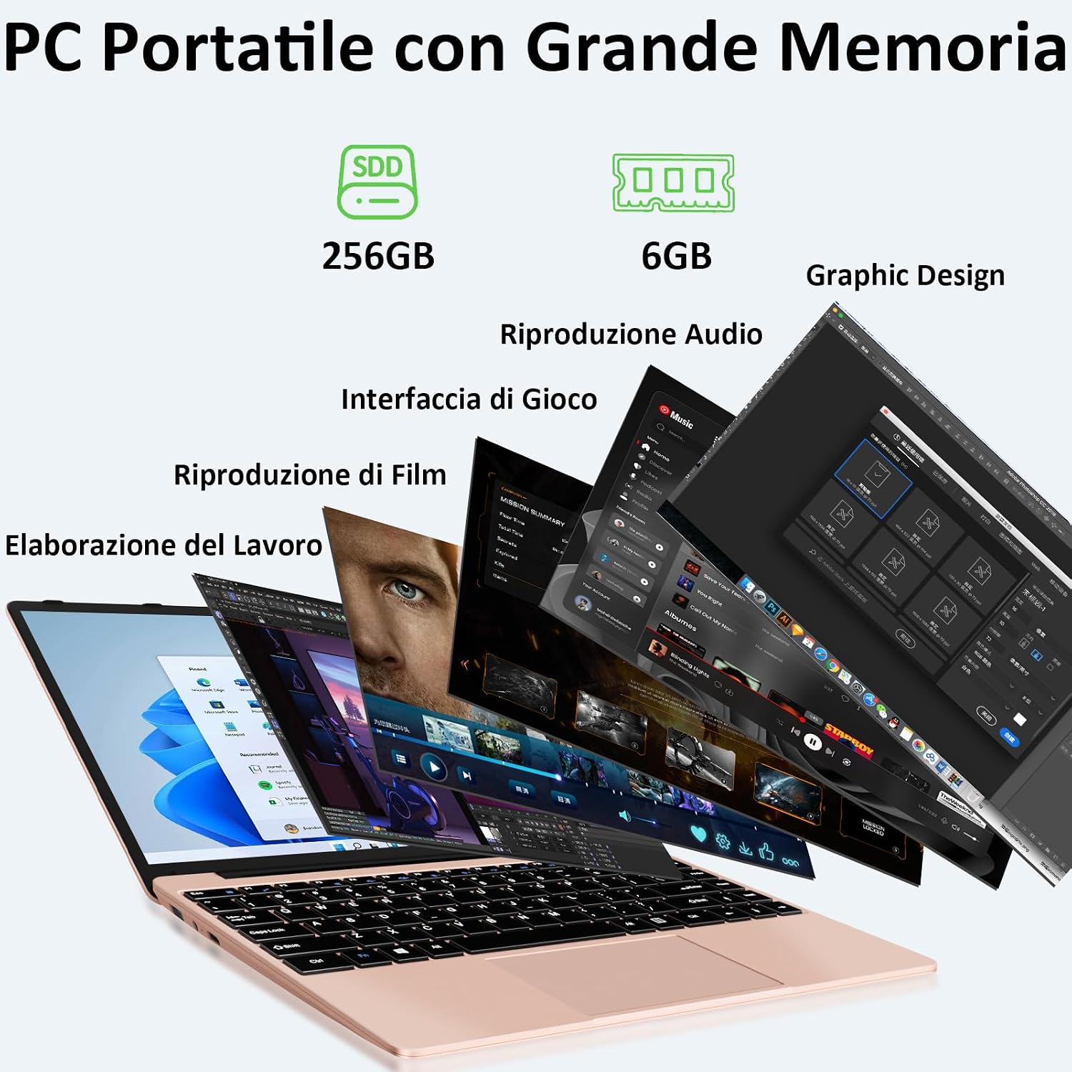 Thumbnail 2 de BVATE PC Portatile 14'': Windows 11, CPU Celeron N4020, RAM 6 GB, SSD 256 GB espandibile – gold