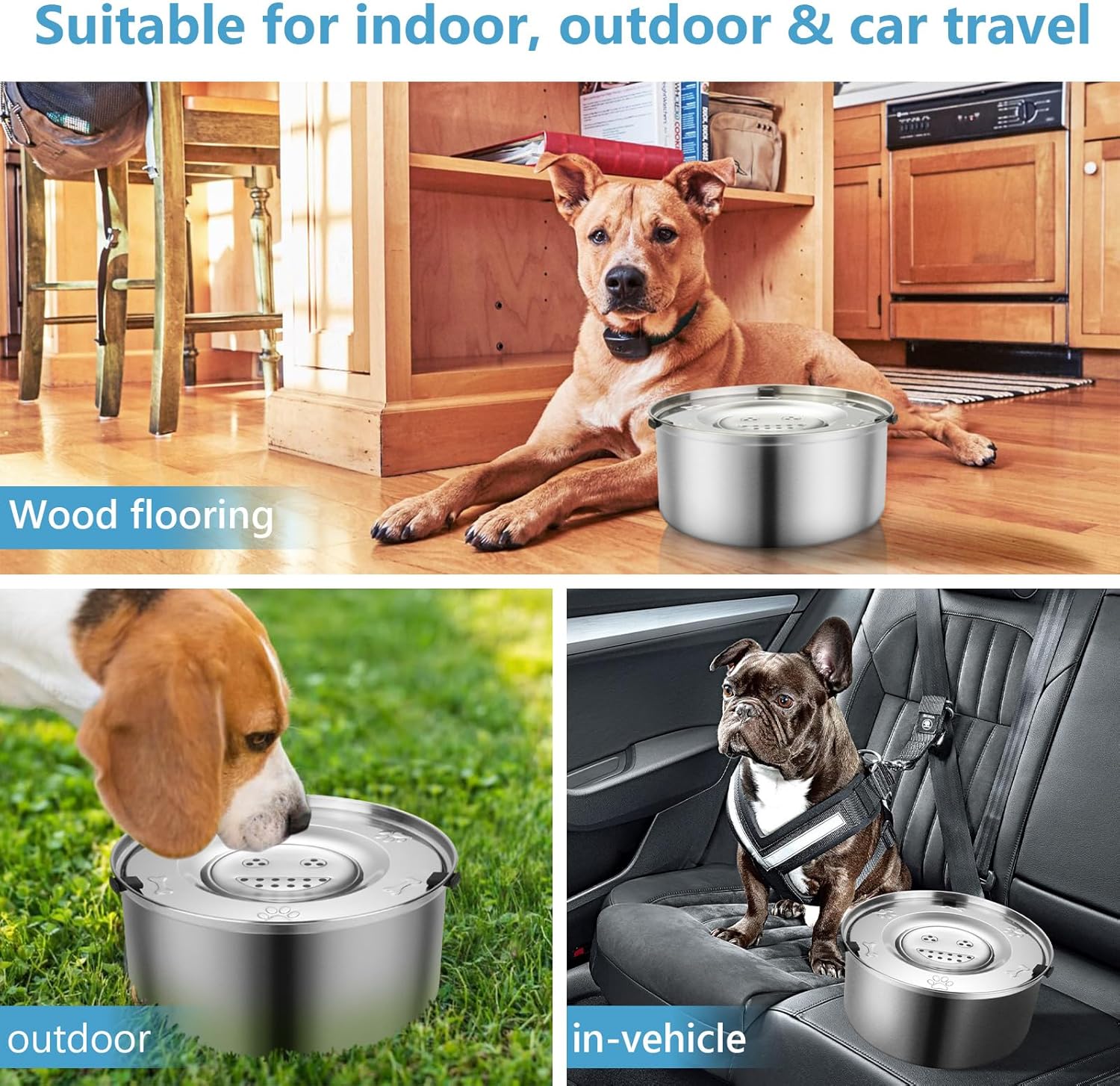 Detalle de ELISABE No Spill Dog Water Bowl 3L+1L — 2 Pack Stainless Steel, Slow-Flow, Non-Drip Water Bowls