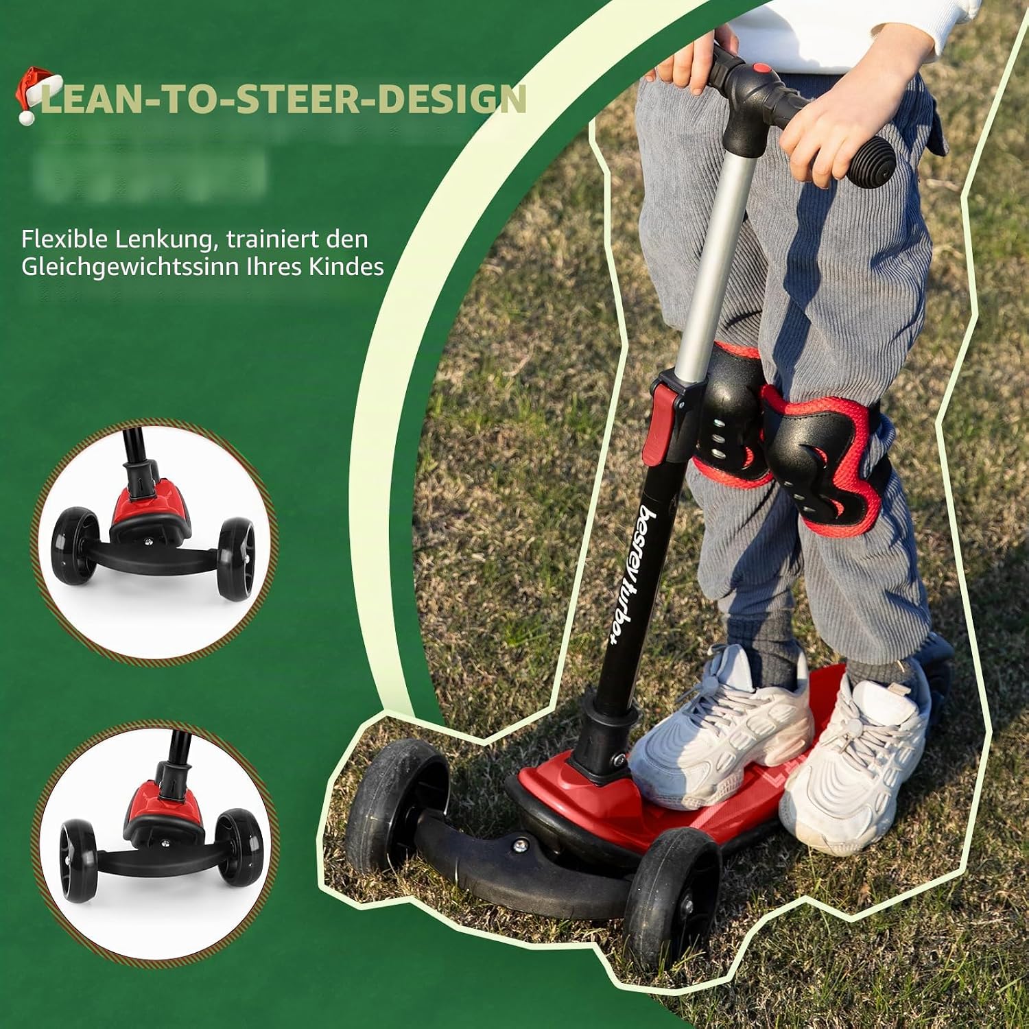 Detalle de besrey Kinder-Scooter Big Wheels – Faltbarer Tretroller mit LED-Lichtern, 4-stufig höhenverstellbar