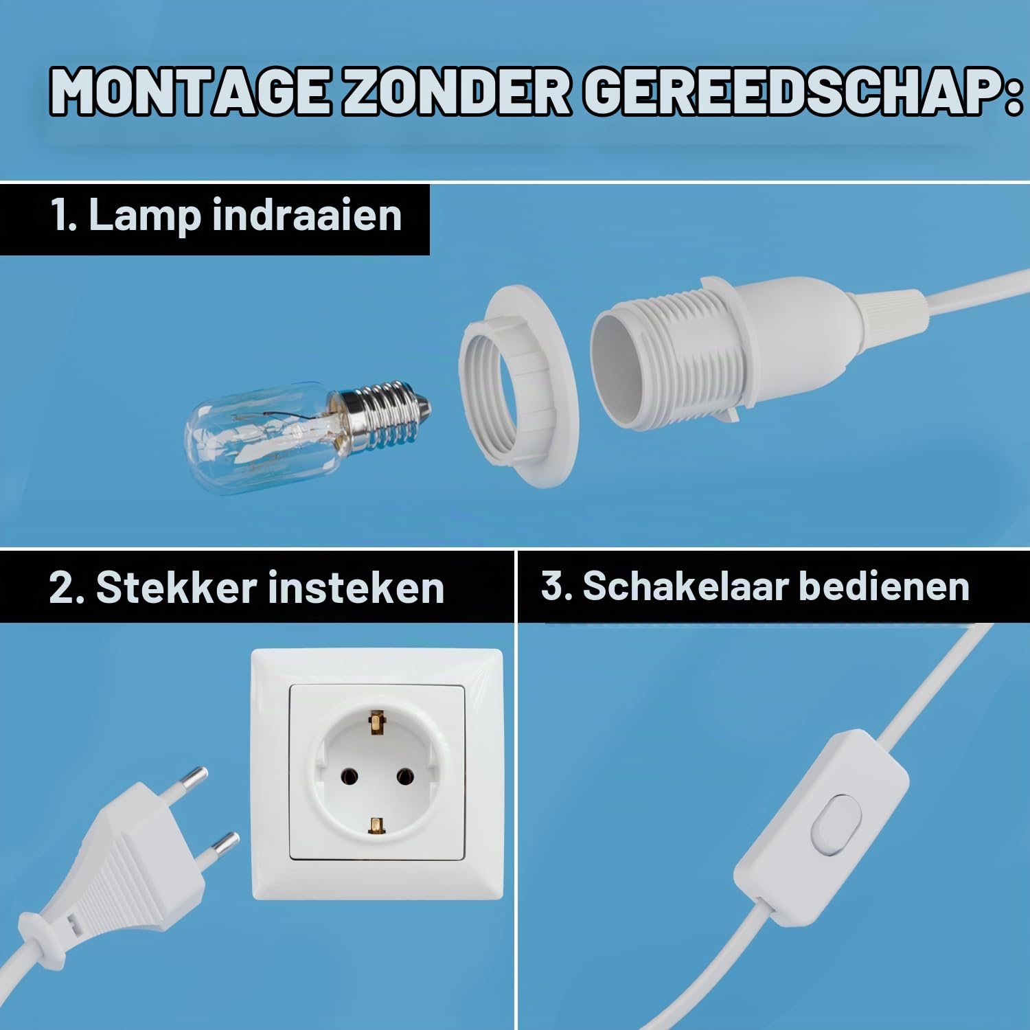 Detalle de greate 505001 E14-lamphouder met schakelaar, witte kabel van 3,5 meter
