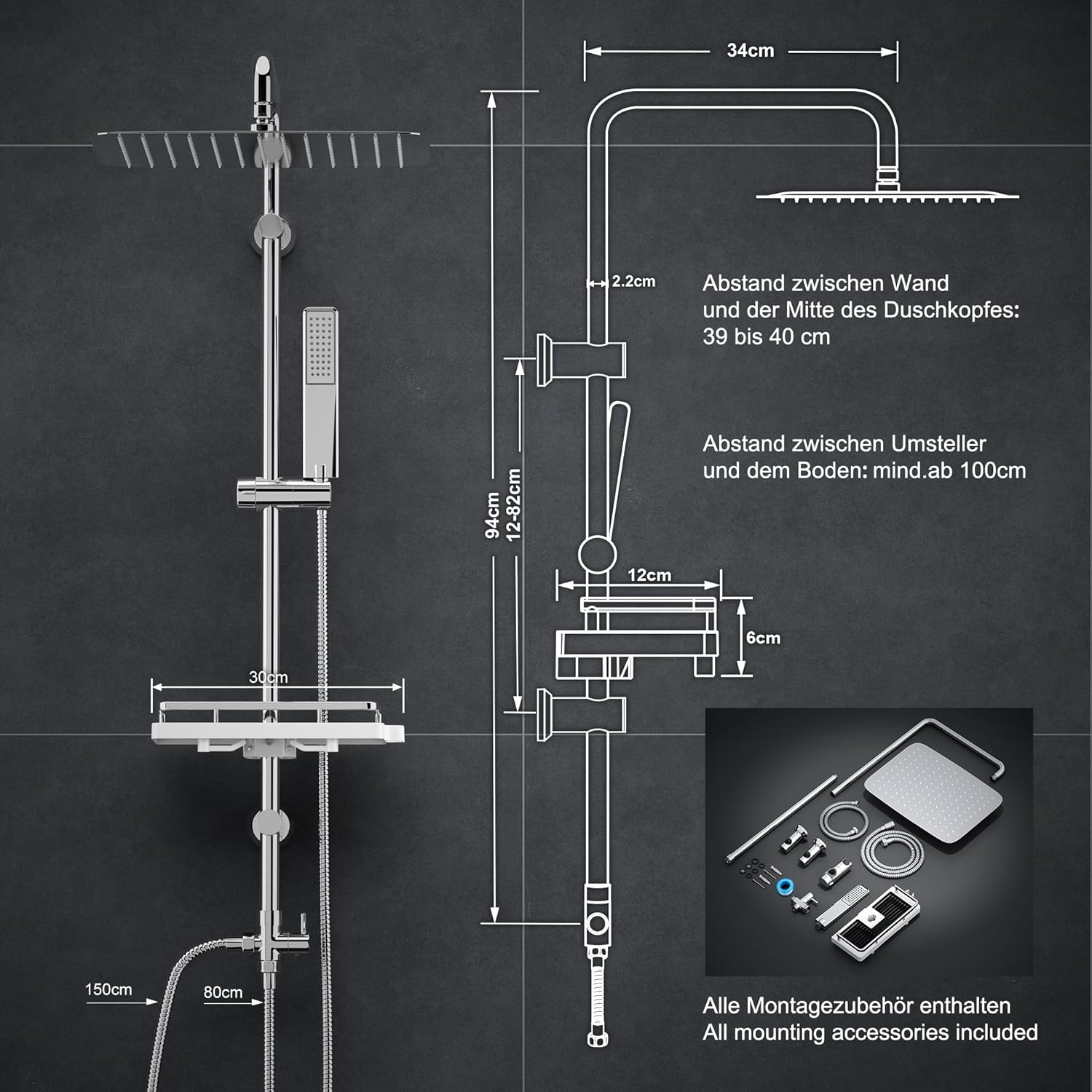 Detalle de Görbach colonna doccia in acciaio inox senza miscelatore con soffione 35x25 e asta doccia regolabile