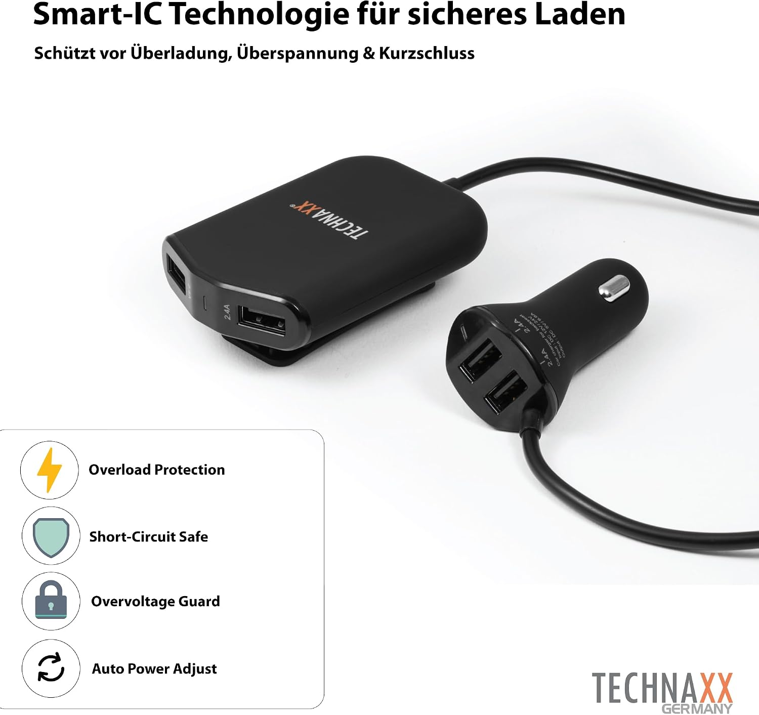 Detalle de Technaxx Family Car Charger 4x USB (TE14) – 4 Anschlüsse, 2,4 A pro Port, inkl. Clip-Kabel