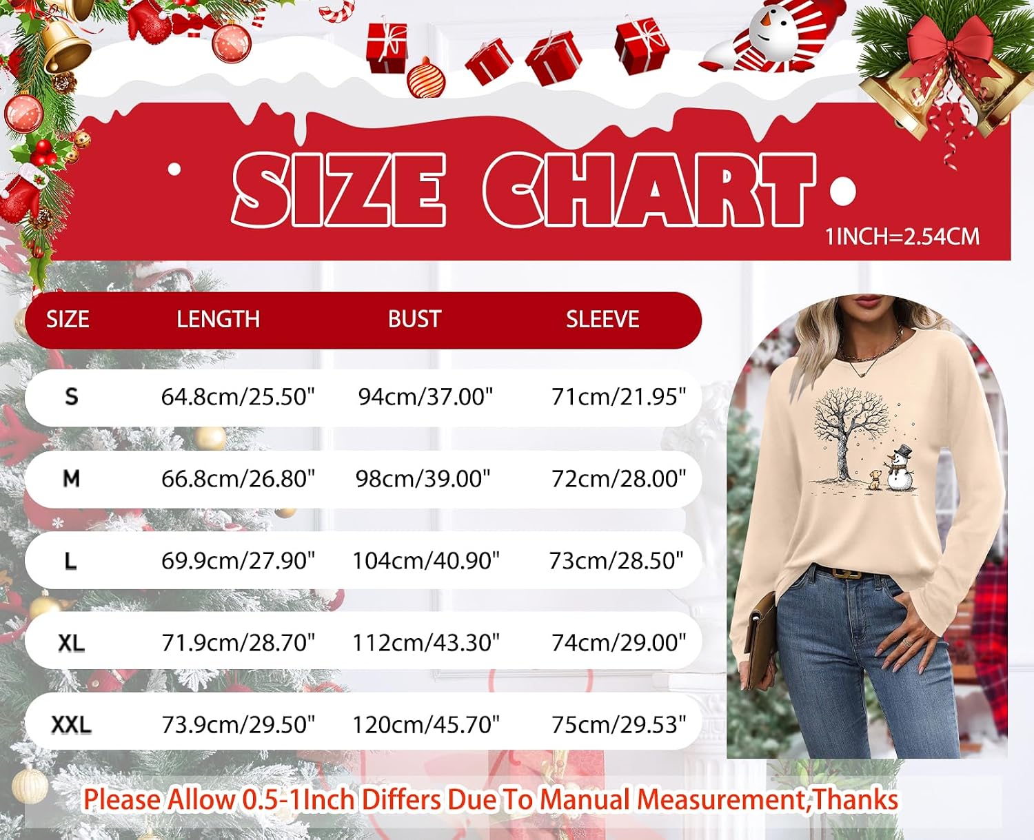 Detalle 2 de tiorhooe Christmas long sleeve shirt for women (cute snowman crewneck)