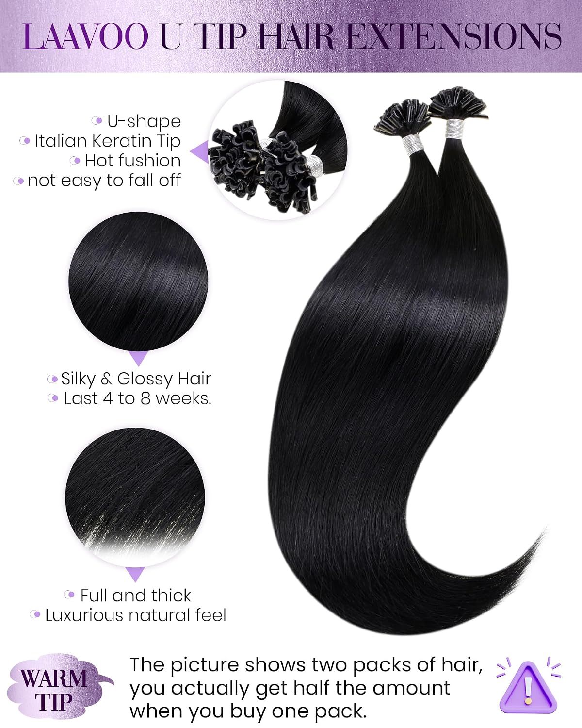 Thumbnail 1 de LaaVoo K Tip Real Human Hair U-Tip Extensions | 20 Inch, Black, 100g