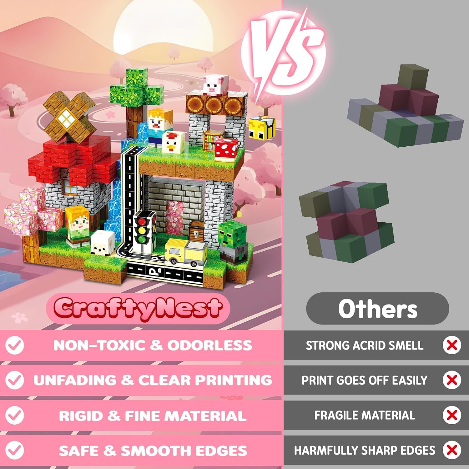 Detalle 2 de Magnetic Blocks 200PCS – Pink Sakura Traffic 0.8in for Kids 3+