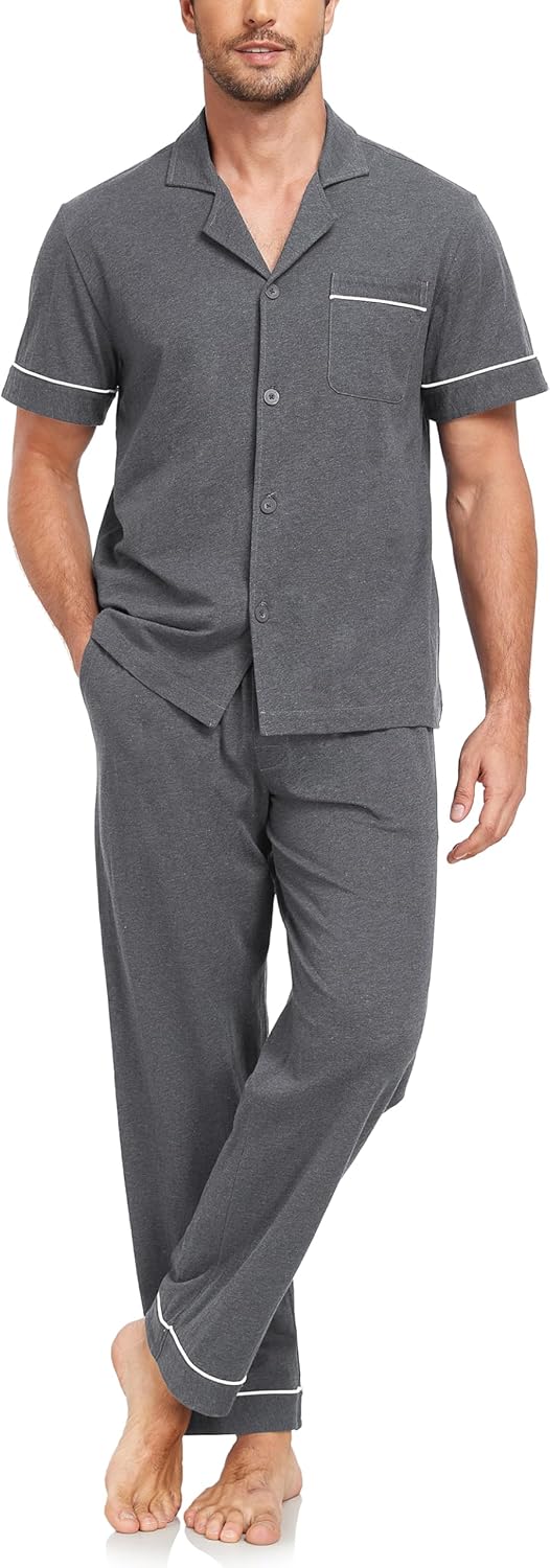 Detalle de EA'S SECRET Herren Schlafanzug-Set 100% Baumwolle | Kurzarm + Langhose, Knopfverschluss, Taschen, S–XXL