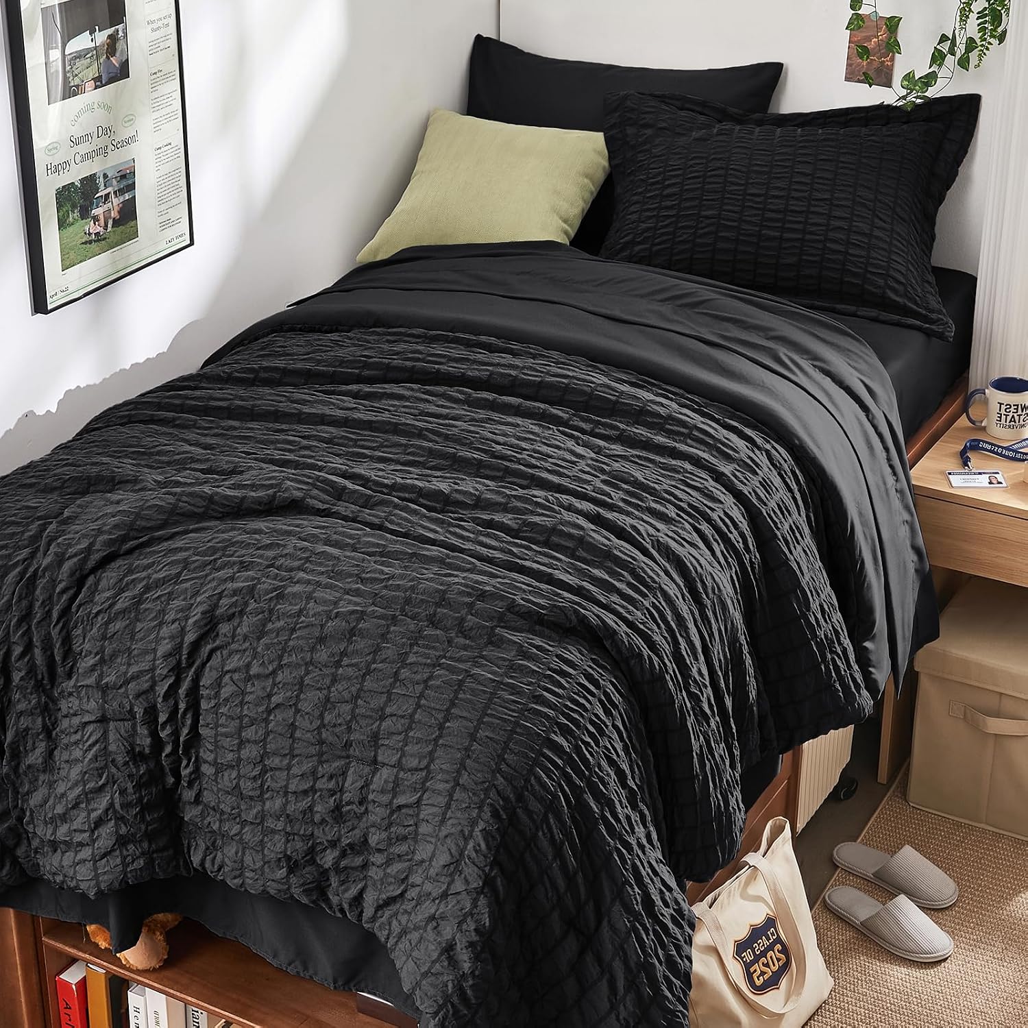 Detalle de HYMOKEGE Black Twin Comforter Set Seersucker 5-Piece Bed in a Bag