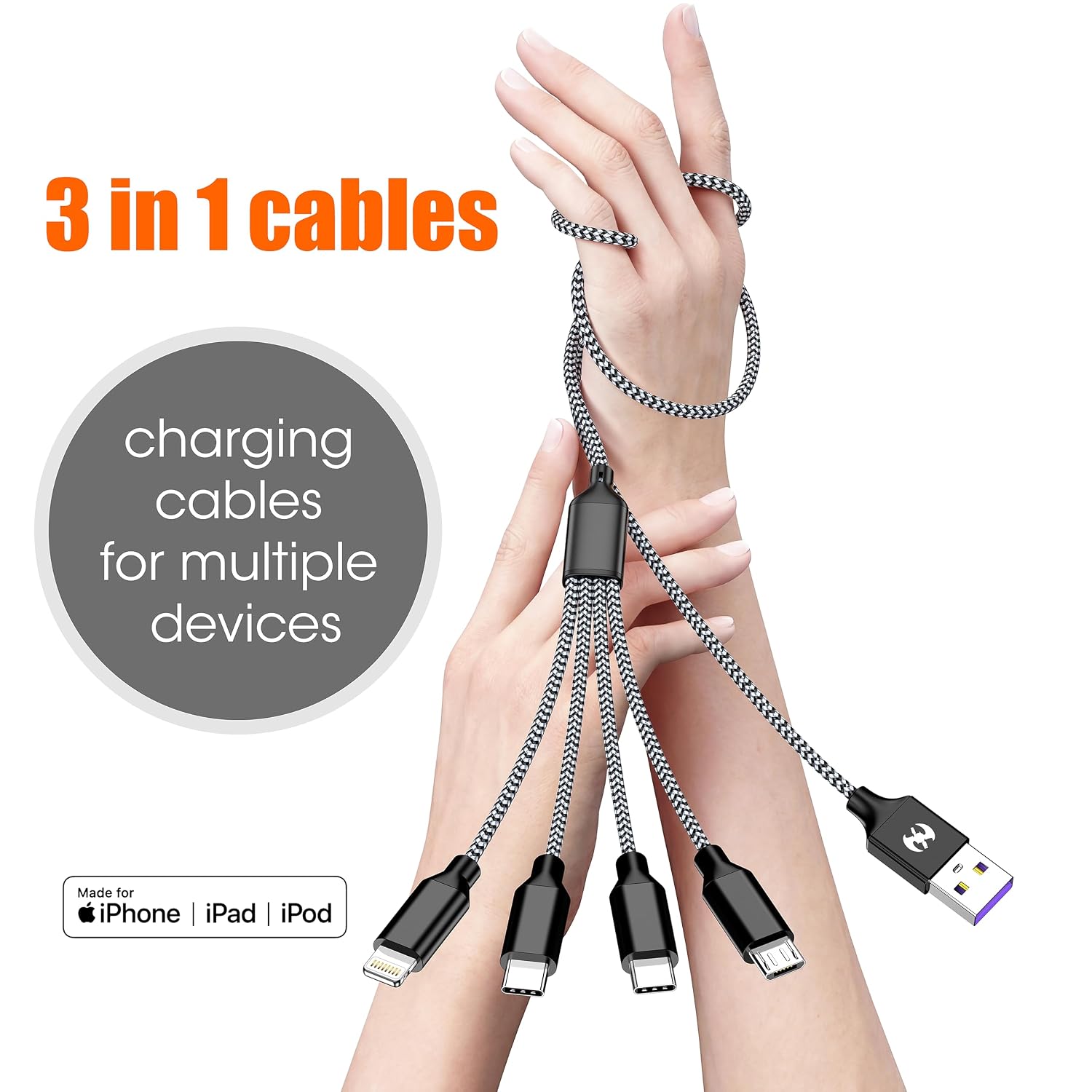 Detalle 2 de Multi Charging Cable 4ft 2-Pack (MFi Certified) 4-in-1 USB-C, Lightning & Micro USB Nylon Braided Chargers